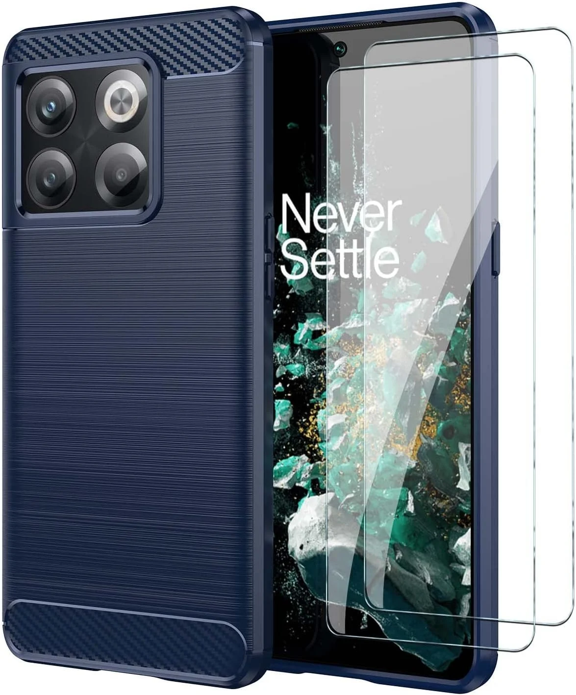 قاب محافظ گوشی QINOUK برای OnePlus Ace Pro، طراحی بافت برس خورده [ضد اثر انگشت]، قاب TPU نرم با محافظ صفحه نمایش شیشه ای حرارت دیده [2 عددی] سازگار با OnePlus Ace Pro - آبی