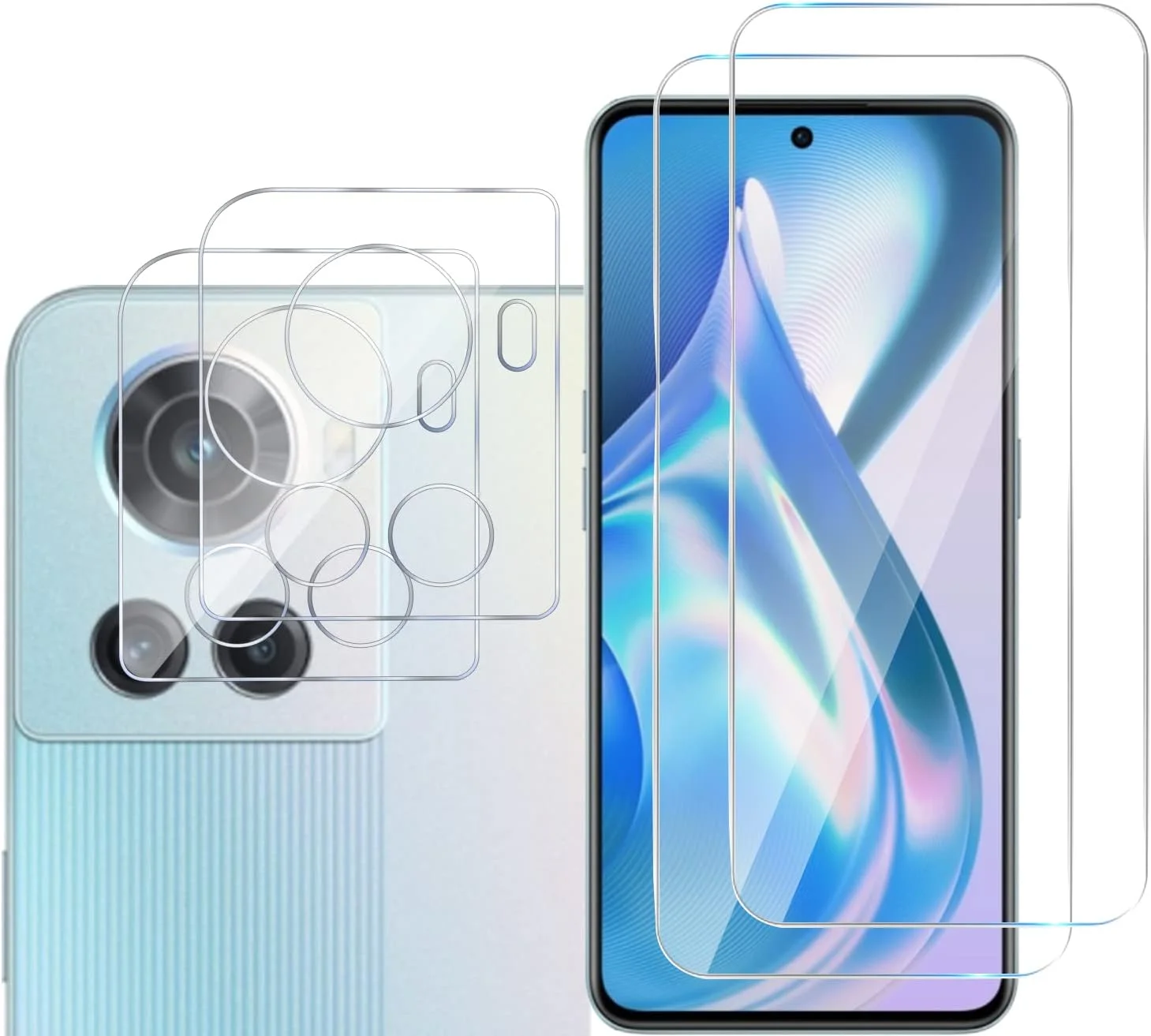 GMUJIAO [بسته 2+2 عددی] سازگار با OnePlus 10R، شامل محافظ صفحه نمایش شیشه ای حرارت دیده و محافظ لنز دوربین، محافظ آستین شیشه ای حرارت دیده [بدون حباب][شفافیت HD]