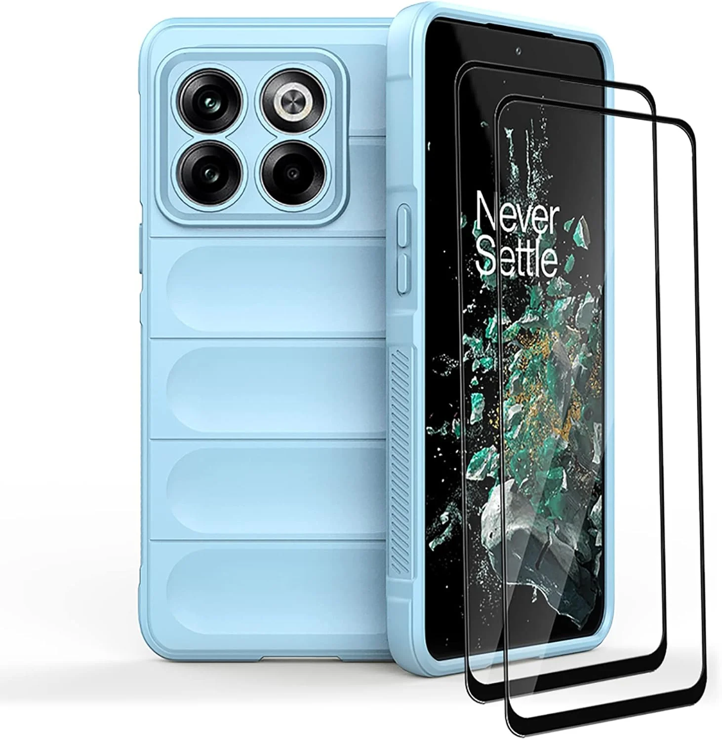کاور GMUJIAO سازگار با OnePlus 10T، ضد لغزش، ضد ضربه، ضد خش، محافظ با 2 محافظ صفحه نمایش شیشه ای حرارت دیده [مقاوم در برابر خراش] - آبی روشن