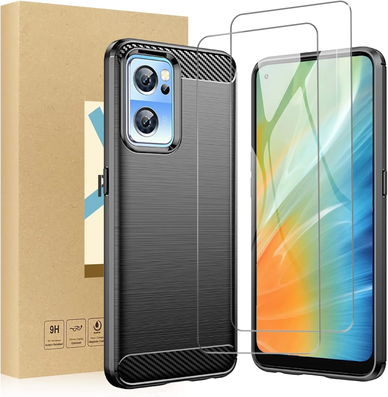 قاب محافظ SCL برای گوشی OnePlus Nord CE2 5G به همراه محافظ صفحه نمایش شیشه ای، کاور محافظ ژله ای با طرح فیبر کربن [مشکی]، ضد خش و ضد ضربه