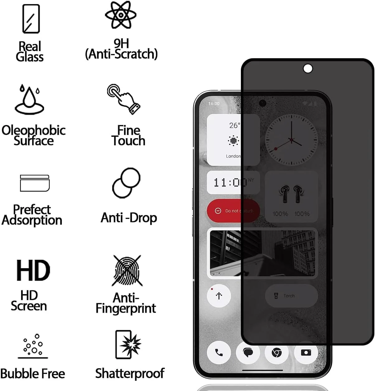محافظ صفحه نمایش حریم خصوصی برای ناتینگ فون (2a) [بسته 2 عددی]، فیلم شیشه ای حرارت دیده ضد جاسوسی، سختی 9H، ضد خش، ضد اثر انگشت، بدون حباب، محافظ صفحه نمایش ضد جاسوسی برای ناتینگ فون (2a)