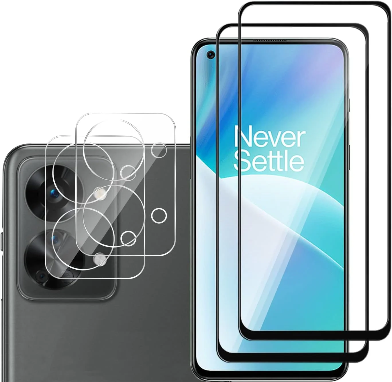 GMUJIAO [بسته 2+2 عددی] سازگار با OnePlus Nord 2T، محافظ صفحه نمایش شیشه ای حرارت دیده و محافظ لنز دوربین، فیلم شیشه ای حرارت دیده تمام صفحه HD [ضد خرد شدن] - مشکی