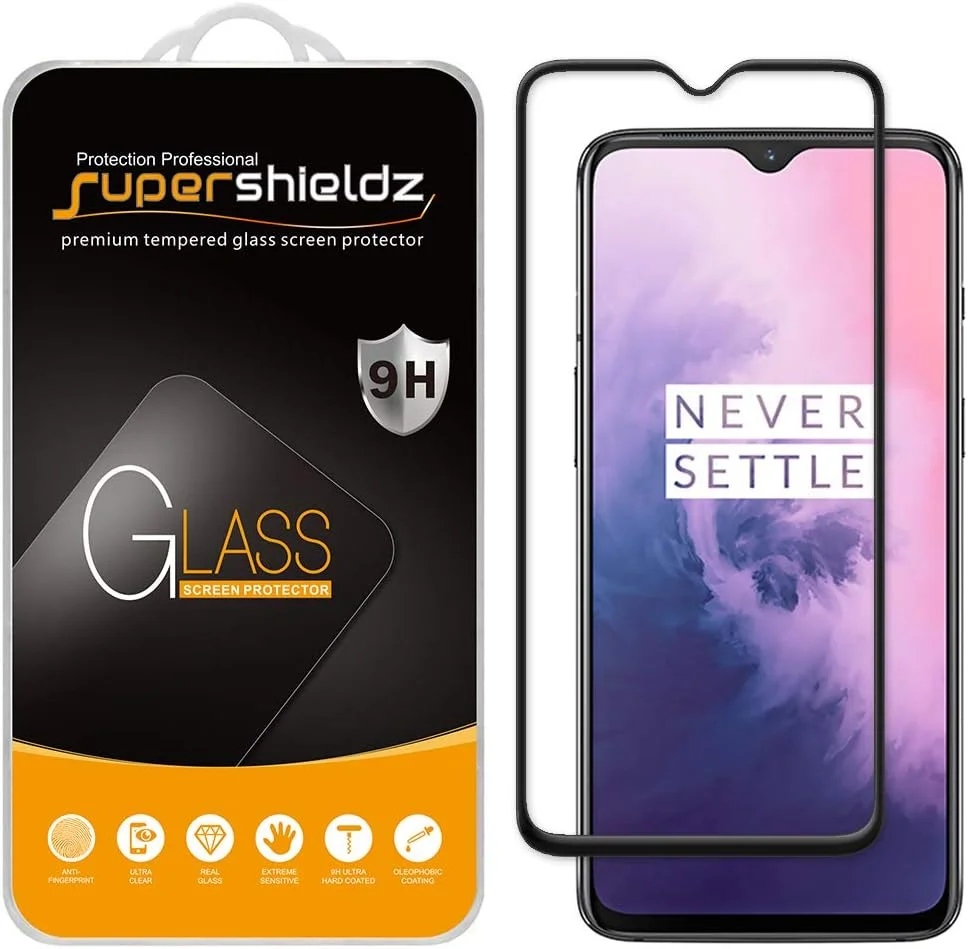 محافظ صفحه نمایش شیشه ای حرارت دیده سوپرشیلدز (2 عددی) برای OnePlus 7، پوشش کامل صفحه نمایش، ضد خش، بدون حباب (مشکی)