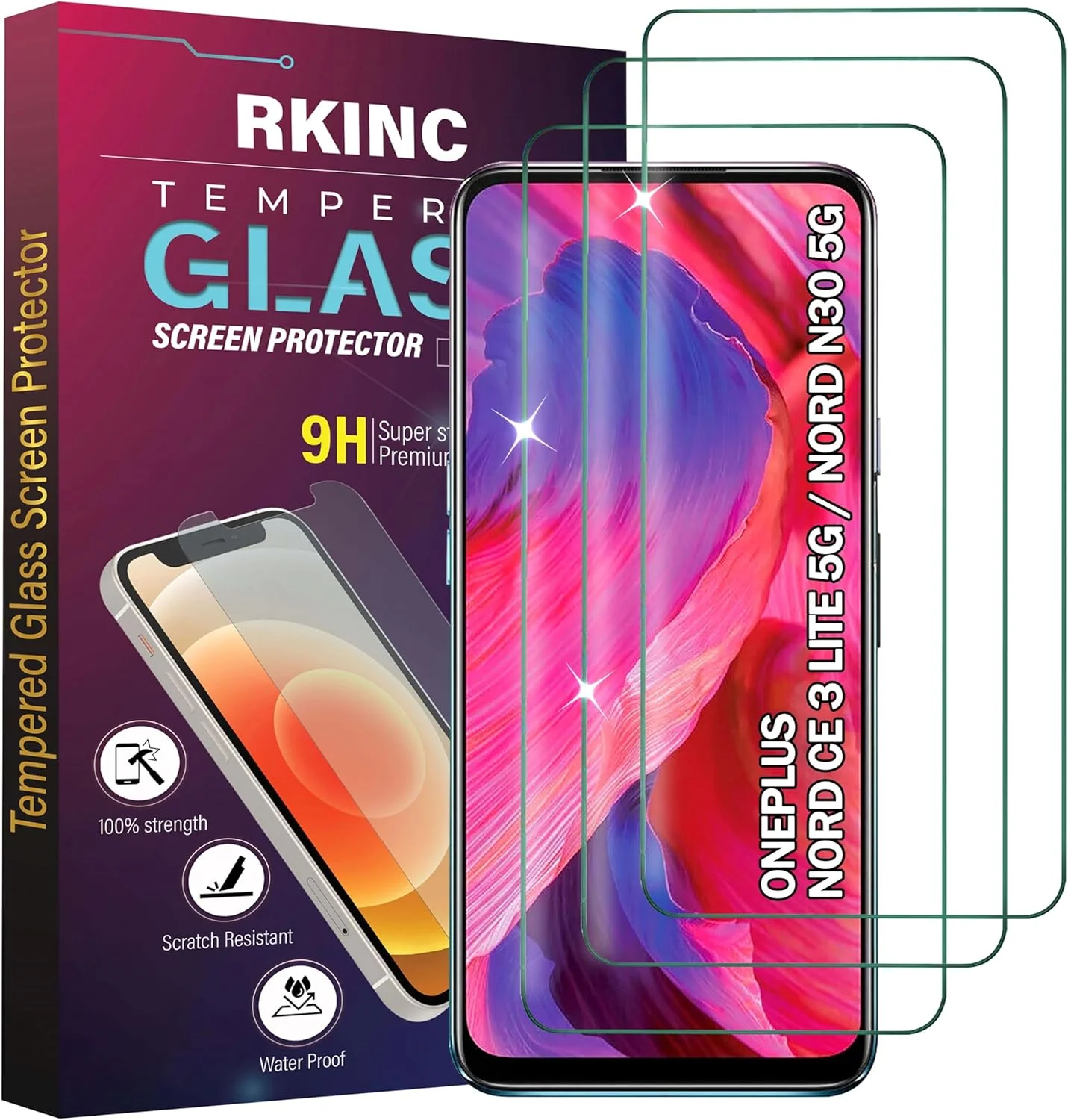 محافظ صفحه نمایش شیشه ای حرارت دیده RKINC [بسته 3 عددی] برای OnePlus Nord CE 3 Lite 5G و OnePlus Nord N30 5G، شیشه HD با سختی 9H و ضخامت 0.33 میلی متر [بدون حباب] [مقاوم در برابر خراش]