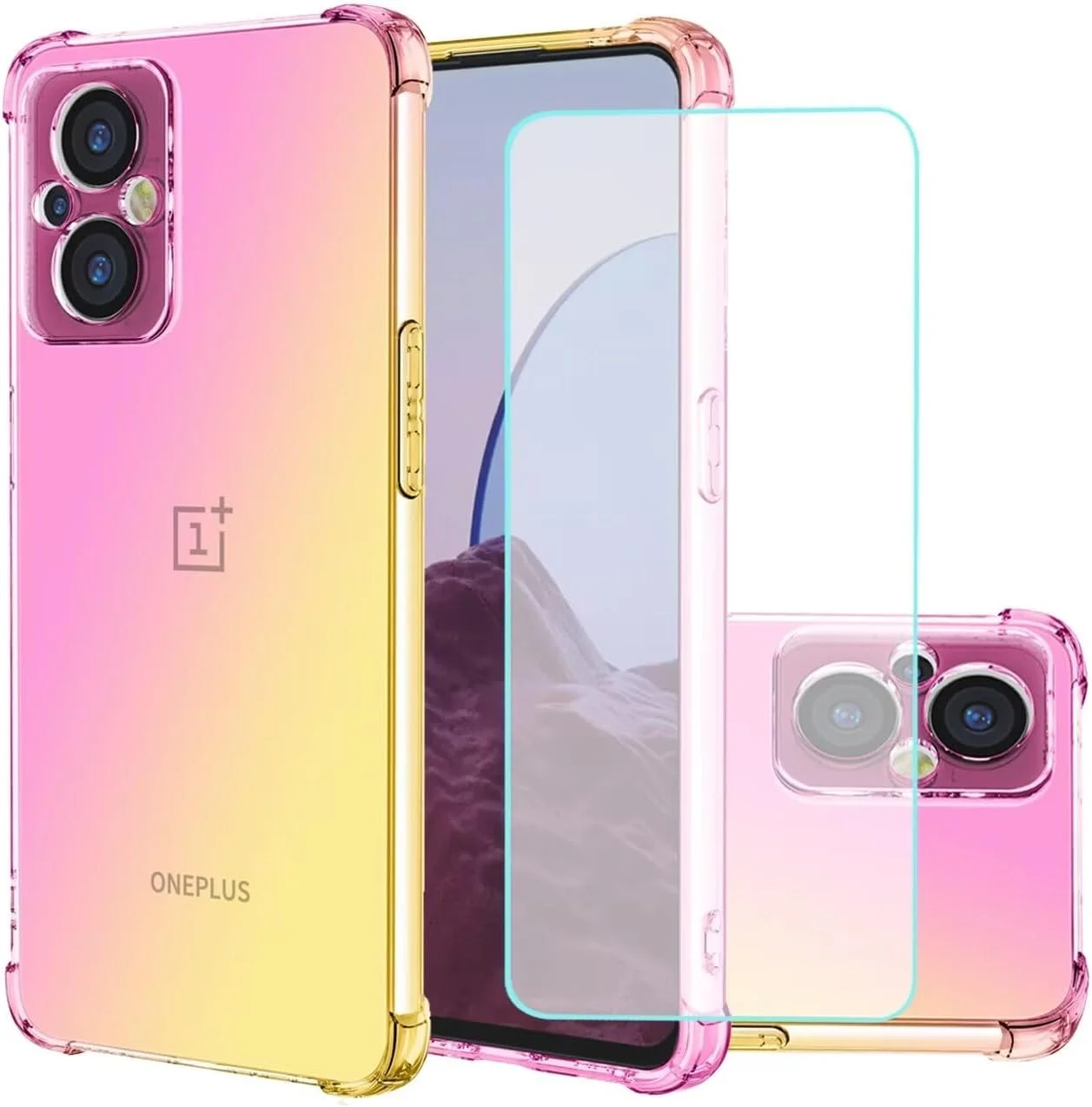 قاب گوشی Jhxtech برای OnePlus Nord N20 5G/OnePlus N20 5G به همراه [2 عدد] محافظ صفحه نمایش شیشه ای حرارت دیده، قاب محافظ TPU باریک ضد خش با گرادیان شفاف (صورتی/طلایی)