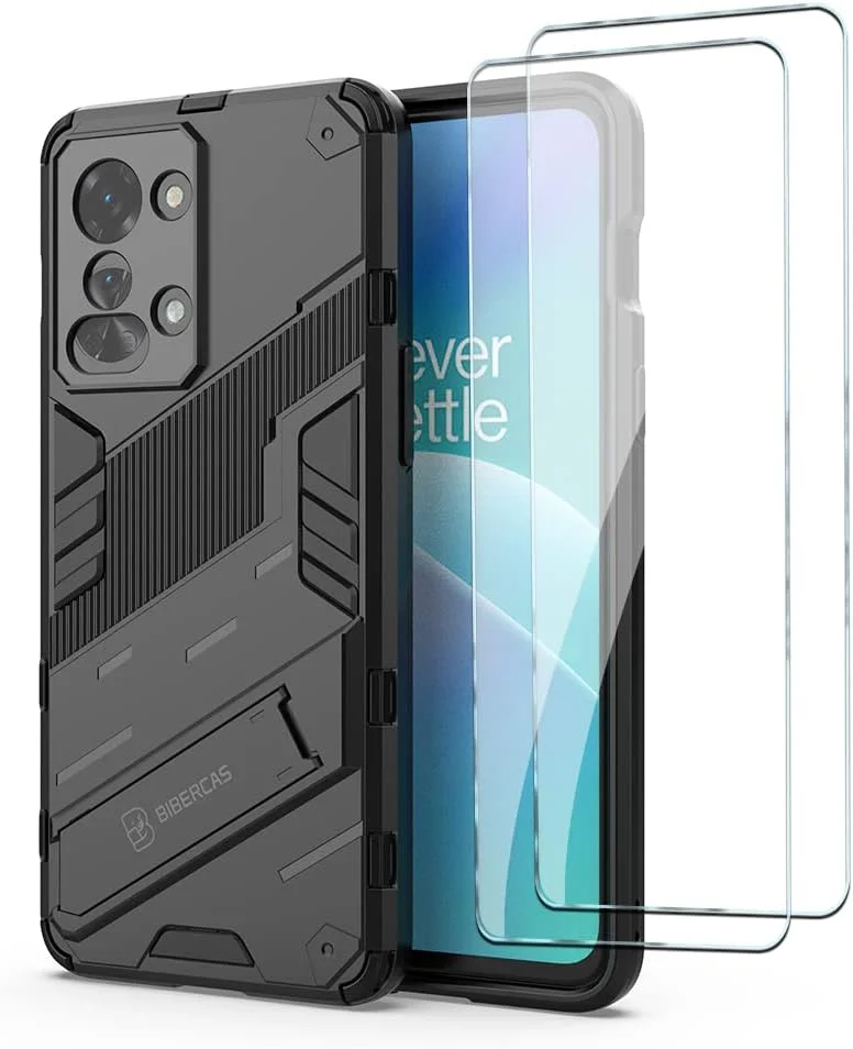 کیف محافظ گوشی QINOUK برای OnePlus Nord 2T، [ضد ضربه] [دارای پایه تاشو] TPU نرم و PC سخت، ضد خش، به همراه محافظ صفحه نمایش شیشه ای حرارت دیده [2 عددی]، برای OnePlus Nord 2T - مشکی