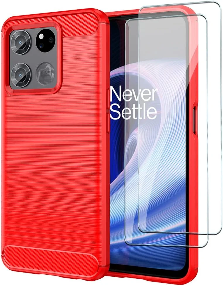 قاب محافظ گوشی QINOUK برای OnePlus Ace Racing، طراحی بافت برس خورده [ضد ضربه] [ضد اثر انگشت]، قاب ساخته شده از مواد TPU انعطاف پذیر به همراه محافظ صفحه نمایش شیشه ای حرارت دیده [2 عددی] سازگار با OnePlus Ace Racing - قرمز