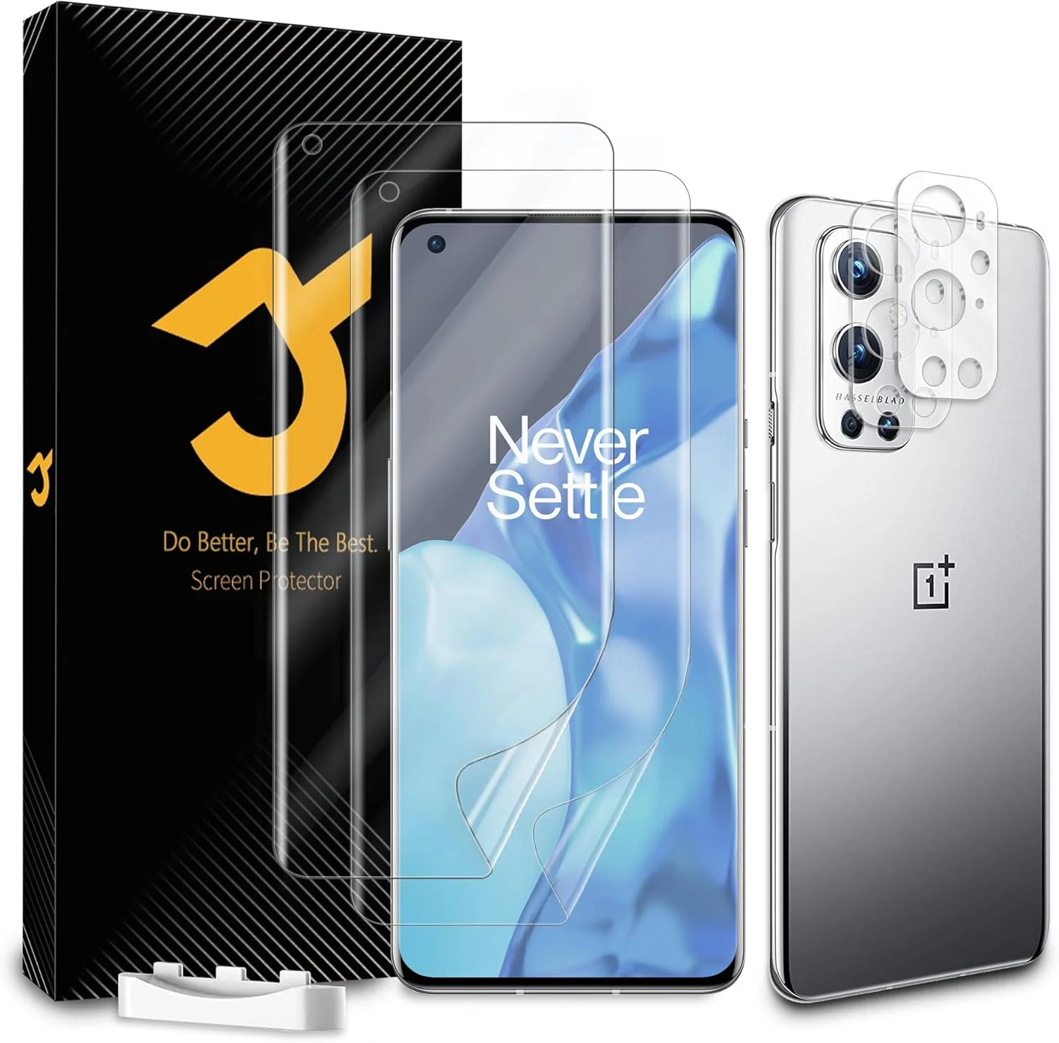 محافظ صفحه نمایش فیلمی JZG 2 عددی برای OnePlus 9 Pro (غیر شیشه ای) + 2 عدد محافظ لنز دوربین، نصب آسان، پشتیبانی از باز کردن قفل اثر انگشت، ضد اثر انگشت، سازگار با قاب