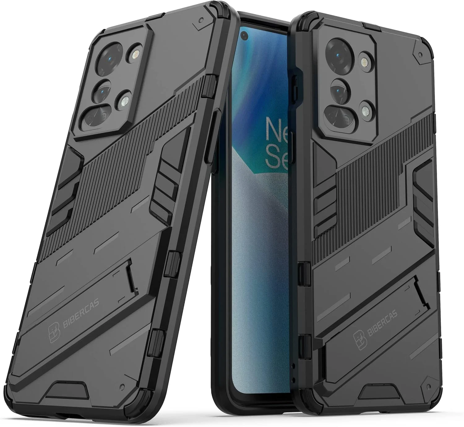 کیف محافظ گوشی QINOUK برای OnePlus Nord 2T، [ضد ضربه] [دارای پایه تاشو] TPU نرم و PC سخت، ضد خش، به همراه محافظ صفحه نمایش شیشه ای حرارت دیده [2 عددی]، برای OnePlus Nord 2T - مشکی