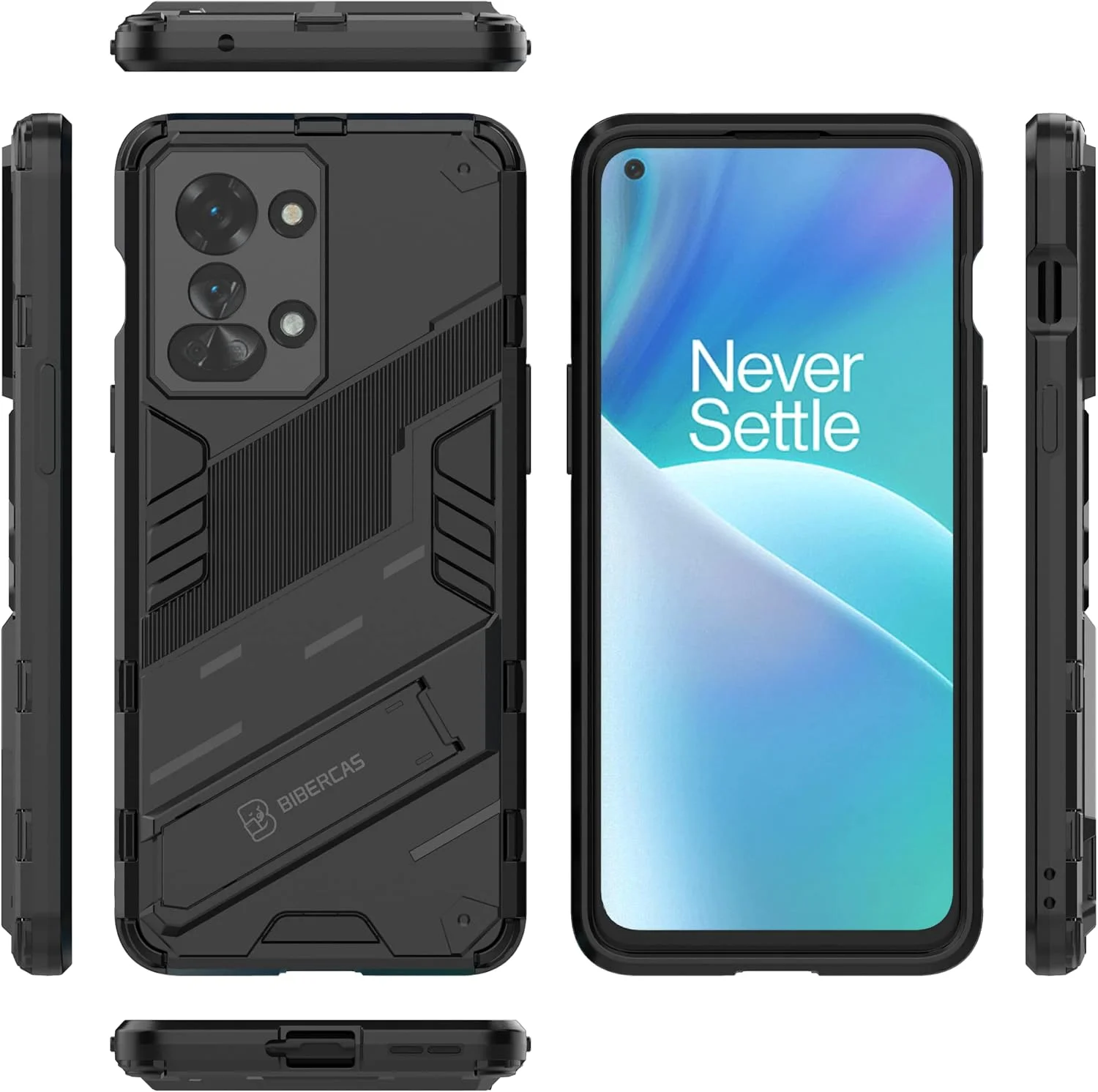کیف محافظ گوشی QINOUK برای OnePlus Nord 2T، [ضد ضربه] [دارای پایه تاشو] TPU نرم و PC سخت، ضد خش، به همراه محافظ صفحه نمایش شیشه ای حرارت دیده [2 عددی]، برای OnePlus Nord 2T - مشکی