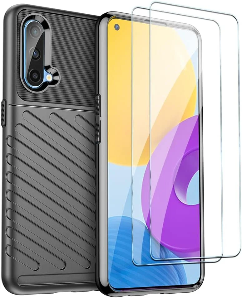 کیف محافظ گوشی QINOUK برای OnePlus Nord CE 5G، کیف محافظ سیلیکونی [ضد ضربه] به همراه محافظ صفحه نمایش شیشه ای حرارت دیده [2 عددی] سازگار با OnePlus Nord CE 5G [ضد اثر انگشت] - مشکی