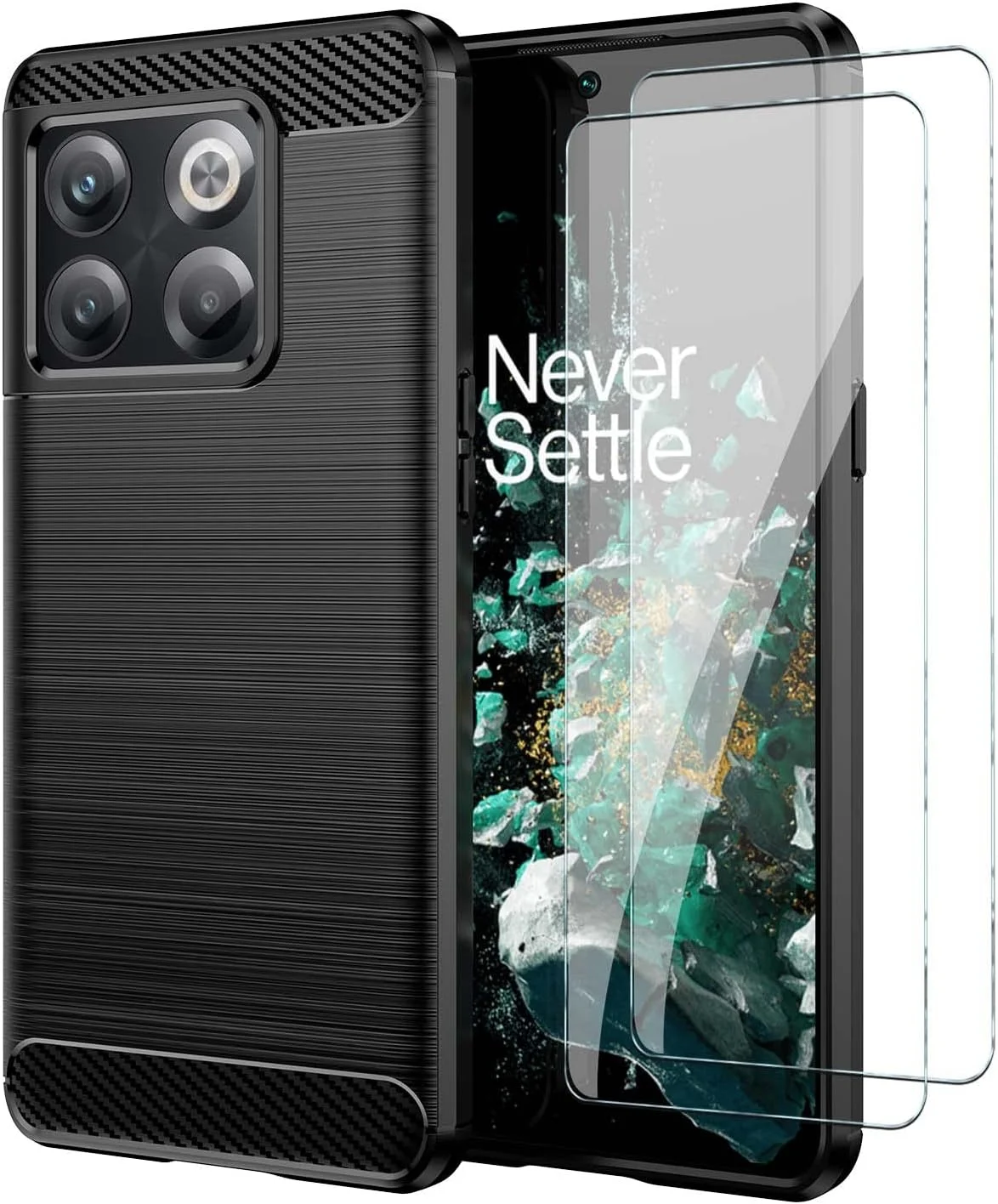 کیف محافظ گوشی QINOUK برای OnePlus 10T، طراحی بافت برس خورده [ضد اثر انگشت]، کیف TPU نرم با محافظ صفحه نمایش شیشه ای حرارت دیده [2 عددی] سازگار با OnePlus 10T - مشکی