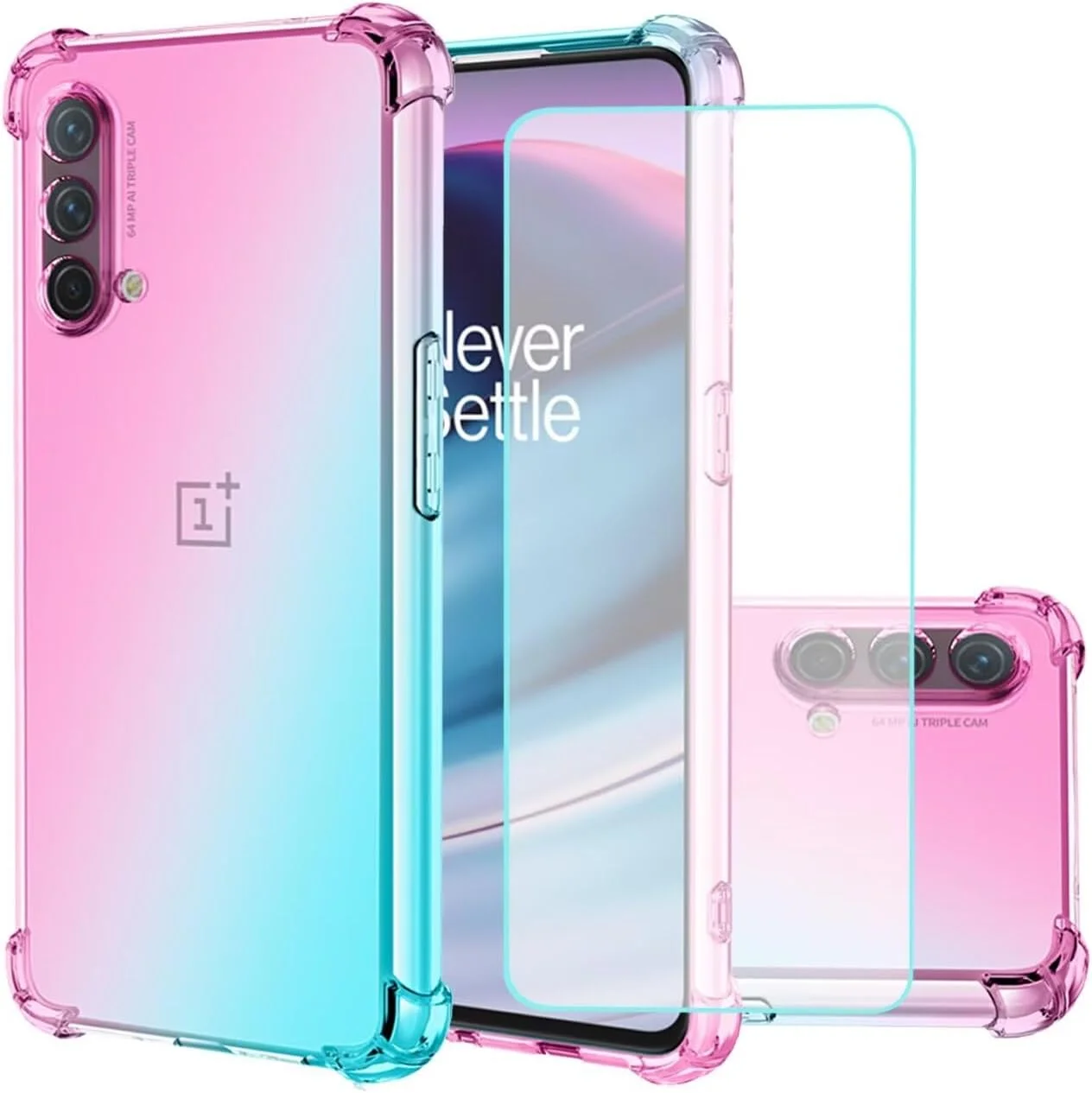 کاور ژی‌اچ‌اکس‌تک مناسب برای گوشی وان پلاس نورد CE 5G به همراه [2 عدد] محافظ صفحه نمایش شیشه‌ای حرارت دیده، کاور گرادیانی شفاف، باریک، ضد خش، پوشش TPU، ضد ضربه مناسب برای گوشی وان پلاس نورد CE 5G (صورتی/سبز)