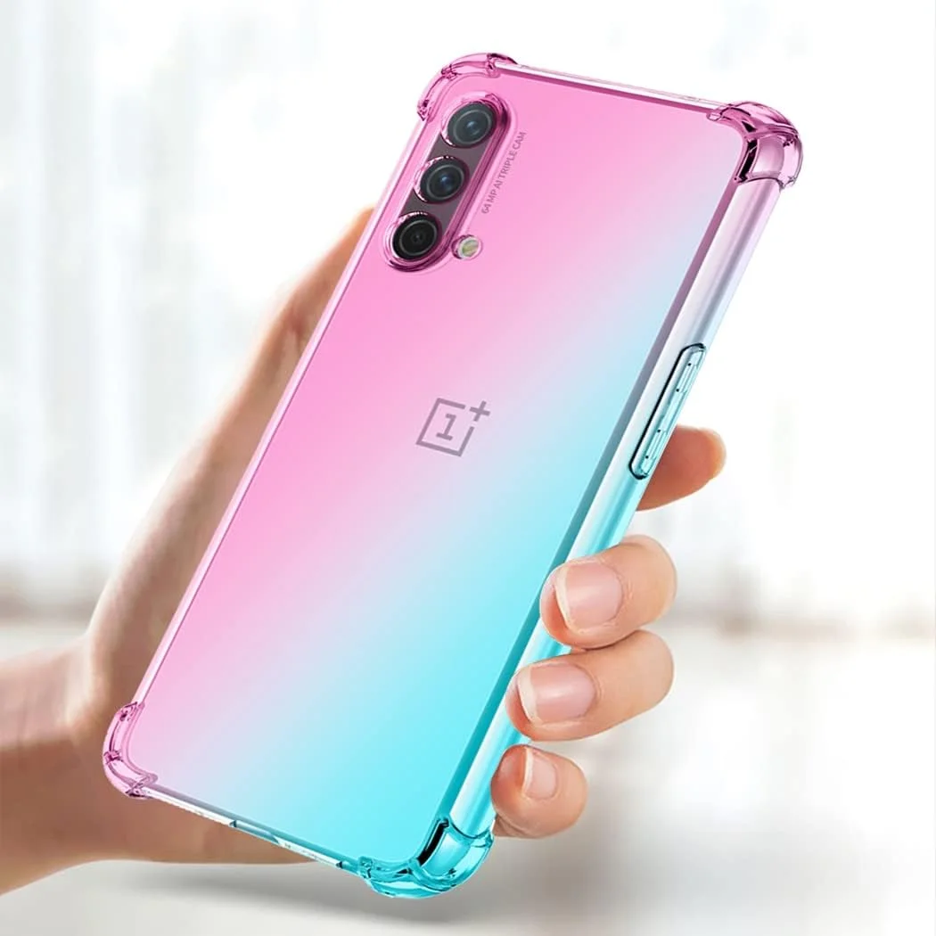 کاور ژی‌اچ‌اکس‌تک مناسب برای گوشی وان پلاس نورد CE 5G به همراه [2 عدد] محافظ صفحه نمایش شیشه‌ای حرارت دیده، کاور گرادیانی شفاف، باریک، ضد خش، پوشش TPU، ضد ضربه مناسب برای گوشی وان پلاس نورد CE 5G (صورتی/سبز)