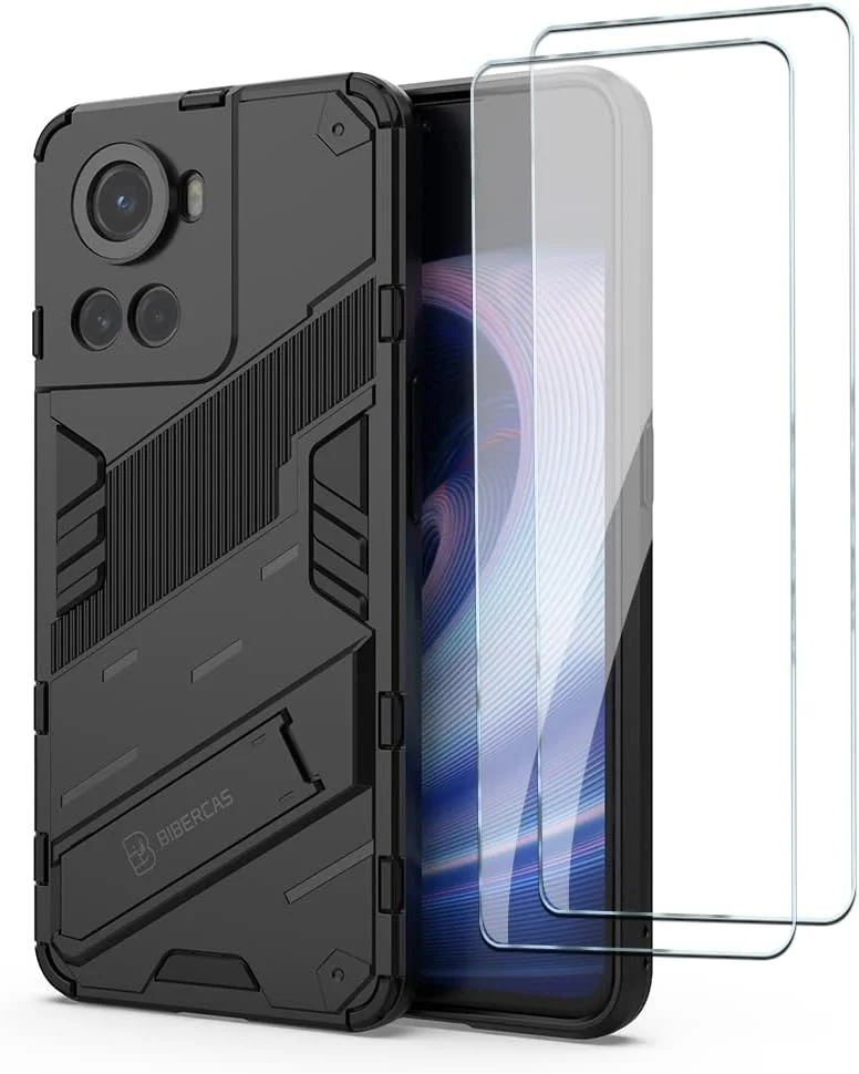 کیف محافظ گوشی QINOUK برای OnePlus Ace، [ضد ضربه] [دارای پایه تاشو] TPU نرم و PC سخت، ضد خش، به همراه محافظ صفحه نمایش شیشه ای حرارت دیده [2 عددی]، برای OnePlus Ace - مشکی