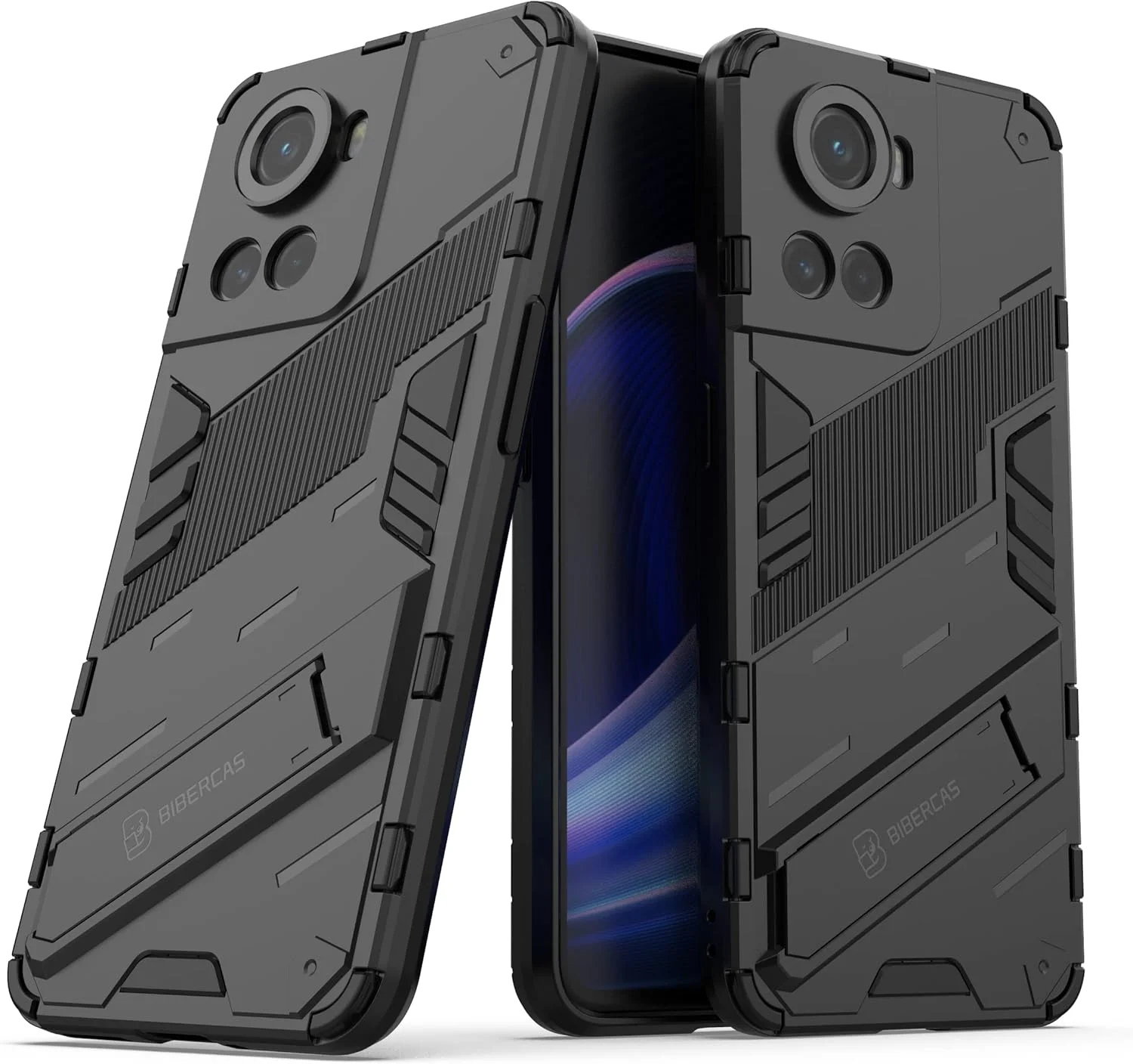 کیف محافظ گوشی QINOUK برای OnePlus Ace، [ضد ضربه] [دارای پایه تاشو] TPU نرم و PC سخت، ضد خش، به همراه محافظ صفحه نمایش شیشه ای حرارت دیده [2 عددی]، برای OnePlus Ace - مشکی