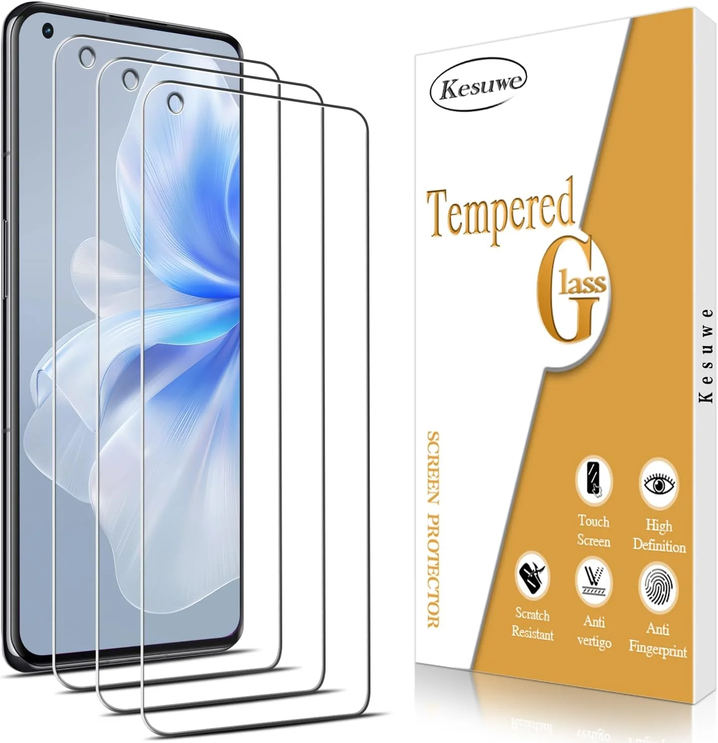 محافظ صفحه نمایش Kesuwe [بسته 3 عددی] برای OnePlus 11، شیشه حرارت دیده، ضد خش، ضد اثر انگشت، سختی 9H، بدون حباب، شفافیت HD، سازگار با قاب، نصب آسان