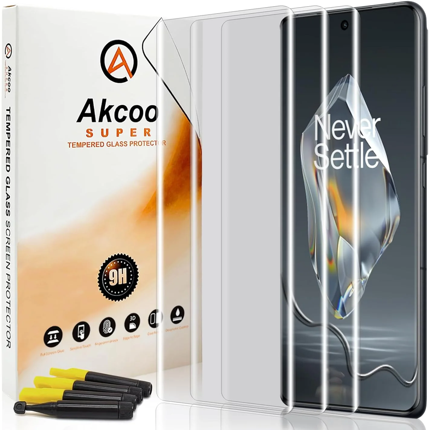 محافظ صفحه نمایش Akcoo برای OnePlus 12R [بسته 3 عددی]، شیشه حرارت دیده، پوشش کامل لبه به لبه، مقاوم در برابر خراش، لمس حساس