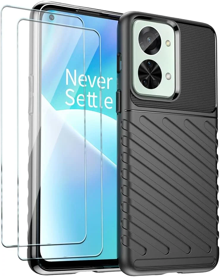 کیف محافظ گوشی QINOUK برای OnePlus Nord 2T، کیف محافظ سیلیکونی [ضد ضربه] به همراه محافظ صفحه نمایش شیشه ای حرارت دیده [2 عددی] سازگار با OnePlus Nord 2T [ضد اثر انگشت] - مشکی