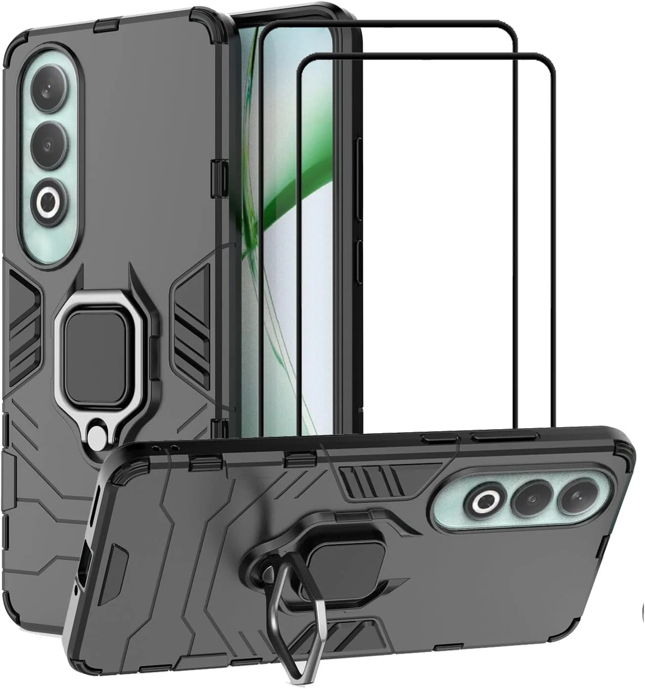 کاور محافظ گوشی MMlife برای وان پلاس نورد 4 5G به همراه پایه و محافظ صفحه نمایش شیشه ای حرارت دیده [2 عدد]، کاور ضد خش دو لایه زرهی مقاوم، مشکی