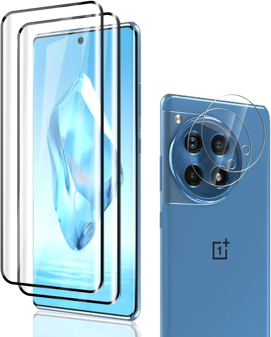 محافظ صفحه نمایش شیشه ای حرارت دیده Phlleyaa برای OnePlus 12R، 2 عدد و محافظ دوربین عقب 2 عدد، سختی 9H، بدون حباب، فیلم ضد خش برای محافظ صفحه نمایش OnePlus 12R