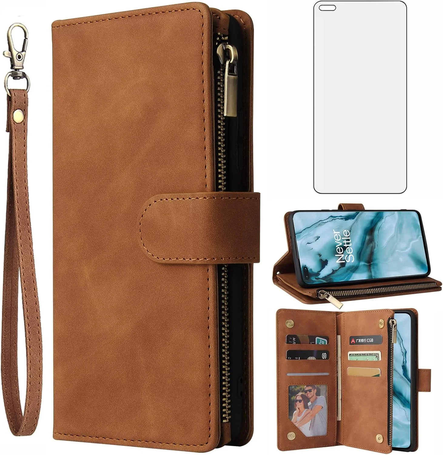 کاور چرمی تاشو گوشی وان پلاس نورد 1 مدل Asuwish به همراه محافظ صفحه نمایش و جای کارت اعتباری و زیپ دار مناسب برای 5G AC2003 AC2001