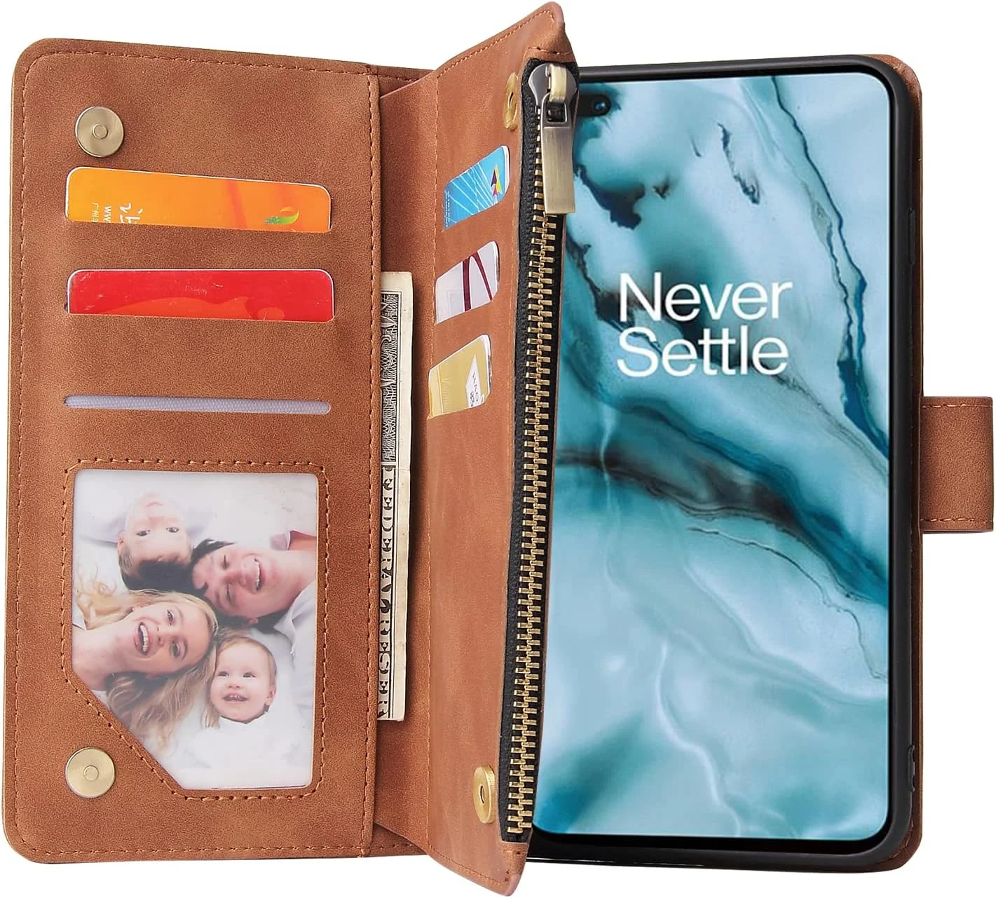 کاور چرمی تاشو گوشی وان پلاس نورد 1 مدل Asuwish به همراه محافظ صفحه نمایش و جای کارت اعتباری و زیپ دار مناسب برای 5G AC2003 AC2001