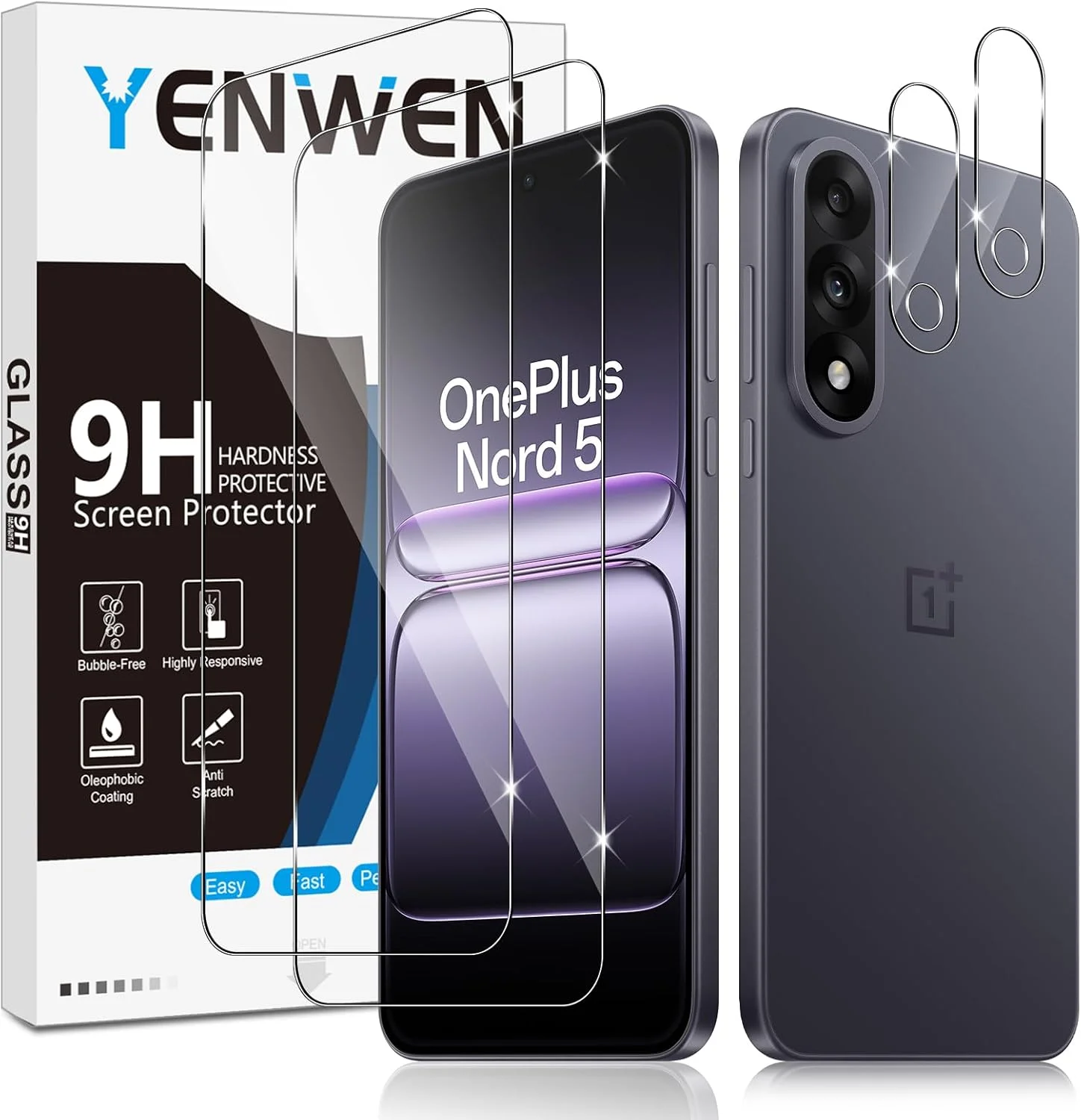 محافظ صفحه نمایش Yenwen برای OnePlus Nord 5، بسته 2 عددی شیشه حرارت دیده به همراه 2 محافظ دوربین، شیشه محافظ سخت با درجه سختی 9H، فیلم محافظ صفحه نمایش موبایل HD شفاف