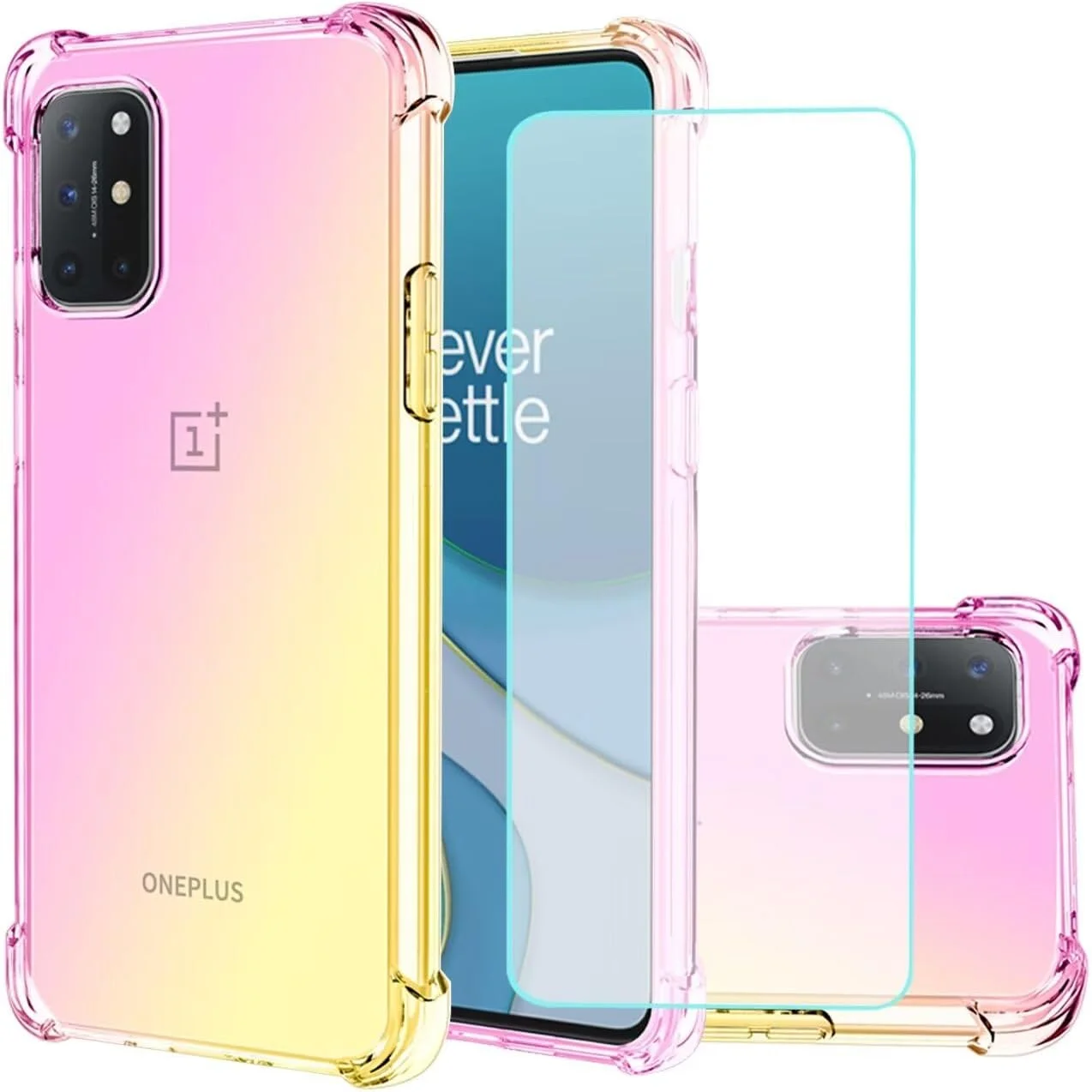 قاب گوشی Jhxtech برای OnePlus 8T 5G به همراه [2 عدد] محافظ صفحه نمایش شیشه ای حرارت دیده، کاور TPU باریک ضد خش با گرادیان شفاف و محافظ ضد ضربه (صورتی/طلایی)