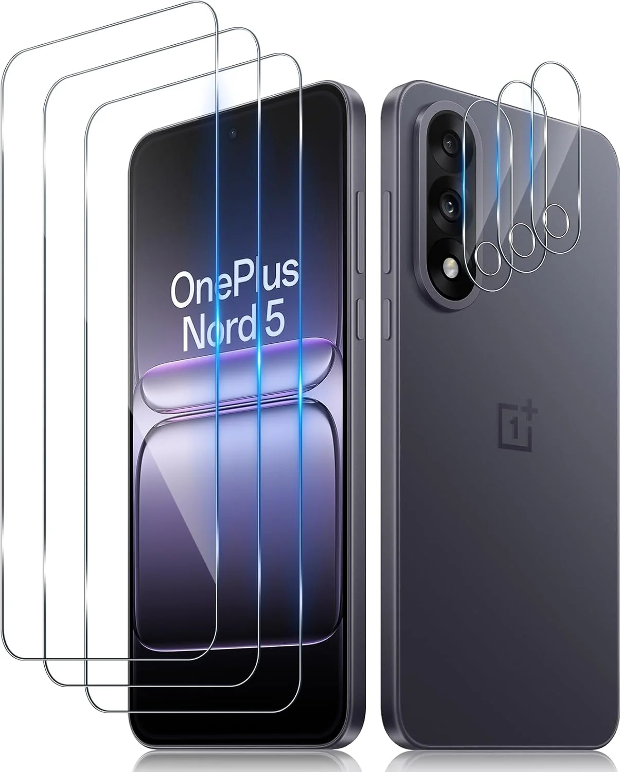 محافظ صفحه نمایش شیشه ای حرارت دیده Aerku برای Oneplus Nord 5، محافظ صفحه نمایش درجه نظامی 3 عددی به همراه محافظ لنز دوربین پشتی 3 عددی، فیلم شیشه ای 9H+ HD بدون حباب