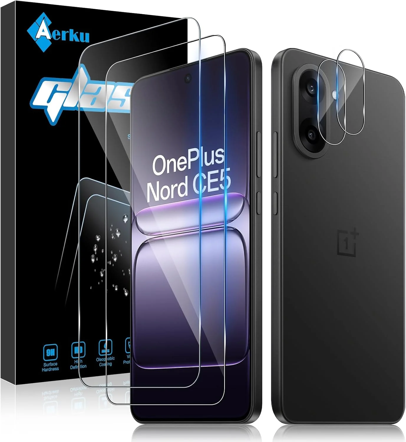 محافظ صفحه نمایش شیشه ای حرارت دیده Aerku، دو عدد برای OnePlus Nord CE 5 / CE5 5G به همراه دو عدد محافظ لنز دوربین عقب، سختی 9H، ضد خش، محافظت شیشه ای سنگین
