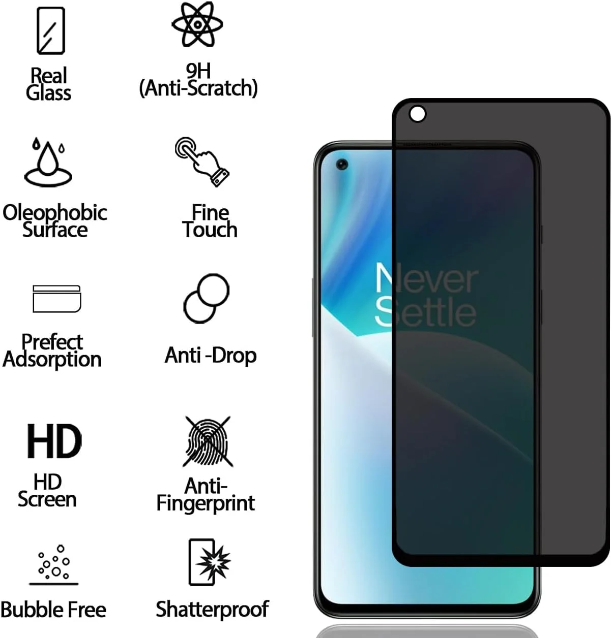 محافظ صفحه نمایش حریم خصوصی برای OnePlus Nord 2T 5G [بسته 2 عددی]، فیلم شیشه ای حرارت دیده ضد جاسوسی، سختی 9H، ضد خش، ضد اثر انگشت، حساسیت بالا، محافظ صفحه نمایش ضد جاسوسی برای OnePlus Nord 2T 5G