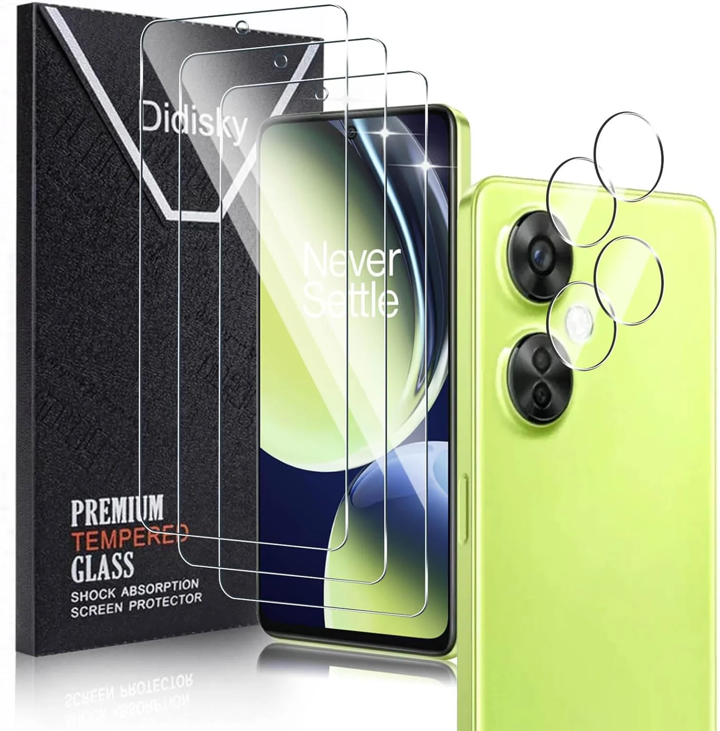 محافظ صفحه نمایش شیشه ای حرارت دیده 3+2 عددی Didisky برای گوشی وان پلاس نورد CE3 Lite 5G 6.72 اینچی، 3 عدد محافظ صفحه نمایش شیشه ای حرارت دیده و 2 عدد محافظ لنز دوربین، سختی 9H، نصب آسان