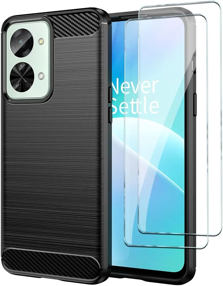 کیف محافظ گوشی QINOUK برای OnePlus Nord 2T، طراحی بافت برس خورده [ضد ضربه] [ضد اثر انگشت]، کیف ساخته شده از مواد TPU انعطاف پذیر به همراه محافظ صفحه نمایش شیشه ای حرارت دیده [2 عدد] سازگار با OnePlus Nord 2T - مشکی