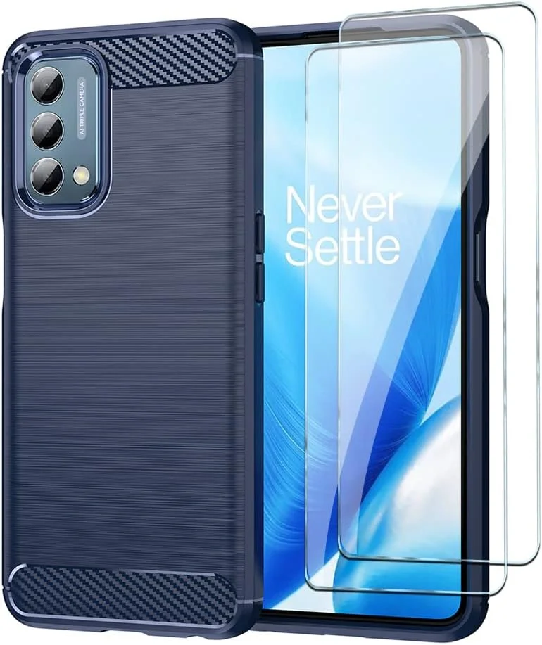 کیف محافظ گوشی QINOUK برای OnePlus Nord N200 5G، بافت برس خورده [ضد ضربه] [ضد اثر انگشت]، کیف ساخته شده از مواد TPU انعطاف پذیر به همراه محافظ صفحه نمایش شیشه ای حرارت دیده [2 عددی] سازگار با OnePlus Nord N200 5G - آبی