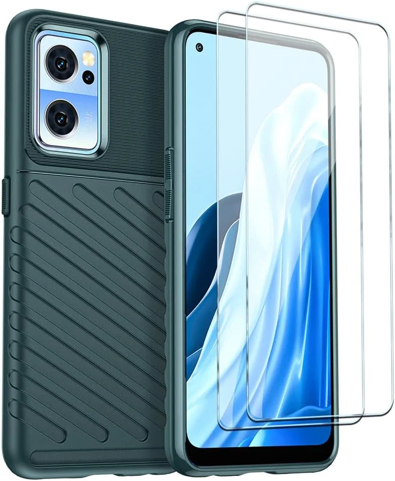 کیف محافظ گوشی QINOUK برای OnePlus Nord CE 2 5G، کیف محافظ سیلیکونی [ضد ضربه] به همراه محافظ صفحه نمایش شیشه ای حرارت دیده [2 عددی] سازگار با OnePlus Nord CE 2 5G [ضد اثر انگشت] - سبز