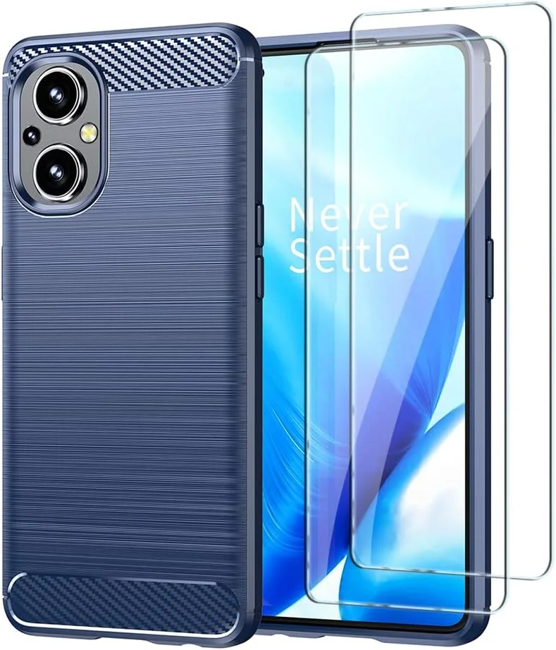 کیف محافظ گوشی QINOUK برای OnePlus Nord N20 5G، بافت برس خورده [ضد ضربه] [ضد اثر انگشت]، کیف ساخته شده از مواد TPU انعطاف پذیر به همراه محافظ صفحه نمایش شیشه ای حرارت دیده [2 عددی] سازگار با OnePlus Nord N20 5G - آبی