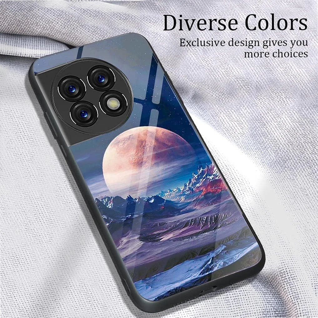 کاور SEAHAI برای OnePlus 11، قاب سیلیکونی TPU فوق العاده نازک، شیشه حرارت دیده پشتی با طرح نقاشی زیبا، ضد ضربه و ضد خش، آهنگ ماه