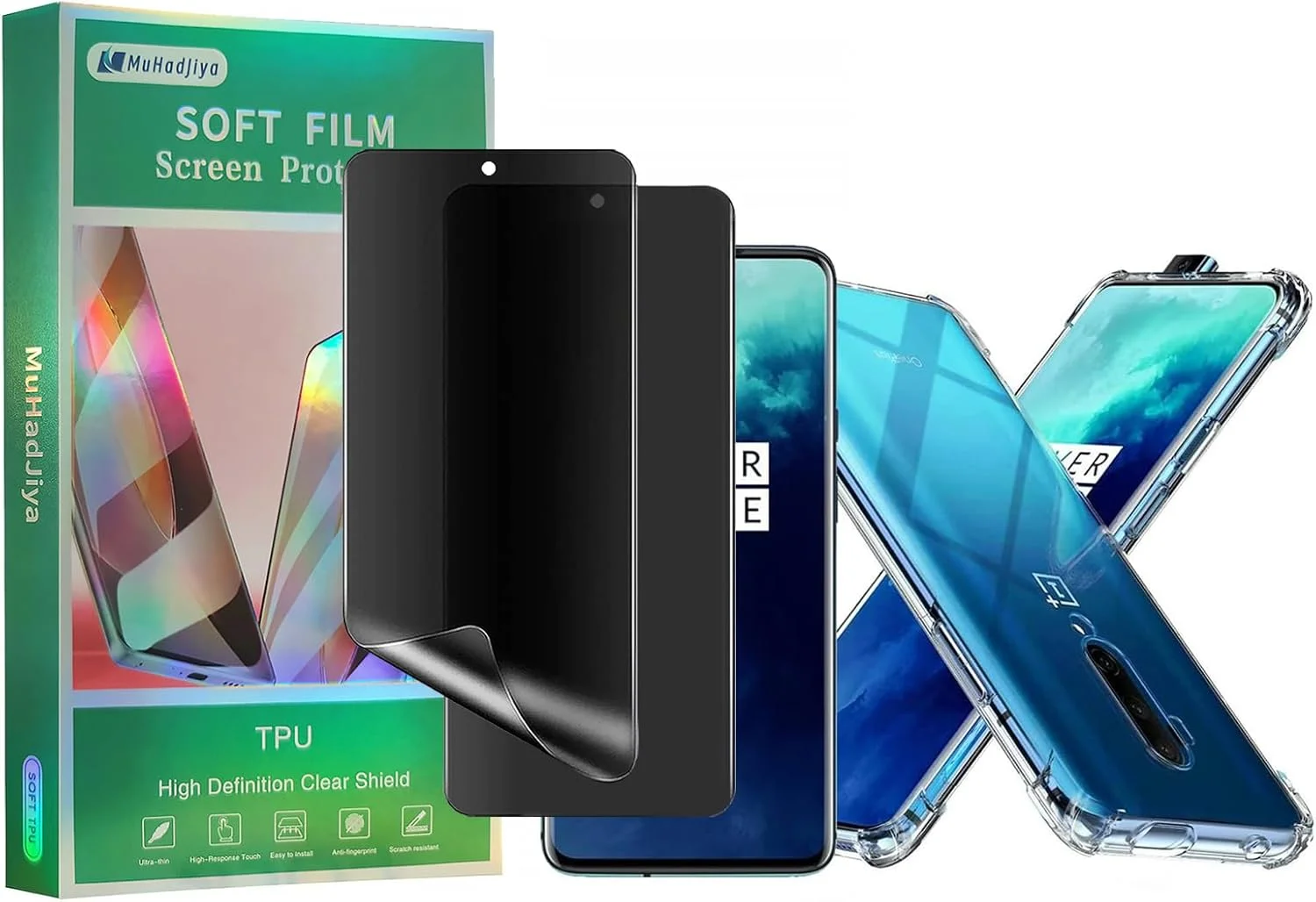 محافظ صفحه نمایش حریم خصوصی نرم MuHadJiya برای Oneplus 7T Pro [بسته 2+1] به همراه قاب گوشی TPU شفاف (برای Oneplus 7T Pro)