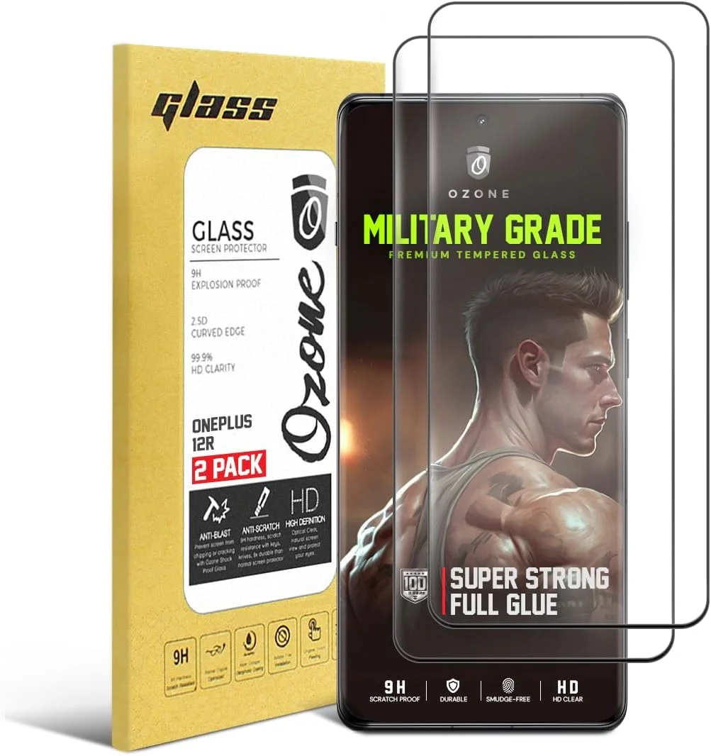محافظ صفحه نمایش شیشه ای حرارت دیده با پوشش کامل O Ozone، بسته 2 عددی، مناسب برای گوشی Oneplus 12R، شیشه حرارت دیده با سختی 9H، لبه مشکی، فیلم شفاف HD، محافظ صفحه نمایش سازگار با قاب