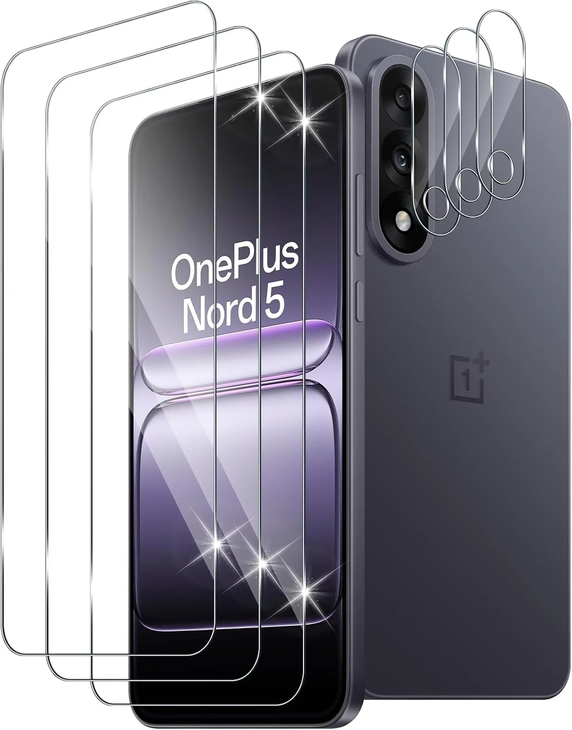 محافظ صفحه نمایش Xunzii برای OnePlus Nord 5، شیشه حرارت دیده با محافظ دوربین [3 + 3 عدد]، فیلم شیشه ای محافظ فوق العاده شفاف 0.33 میلی متر، محافظ صفحه نمایش با سختی 9H، ضد خش