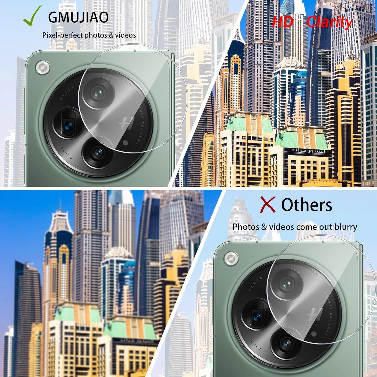 GMUJIAO بسته [2+2 عددی] سازگار با OnePlus Open برای محافظ صفحه نمایش شیشه ای و محافظ لنز دوربین، محافظ شیشه ای [بدون حباب] [شفافیت HD] - مشکی