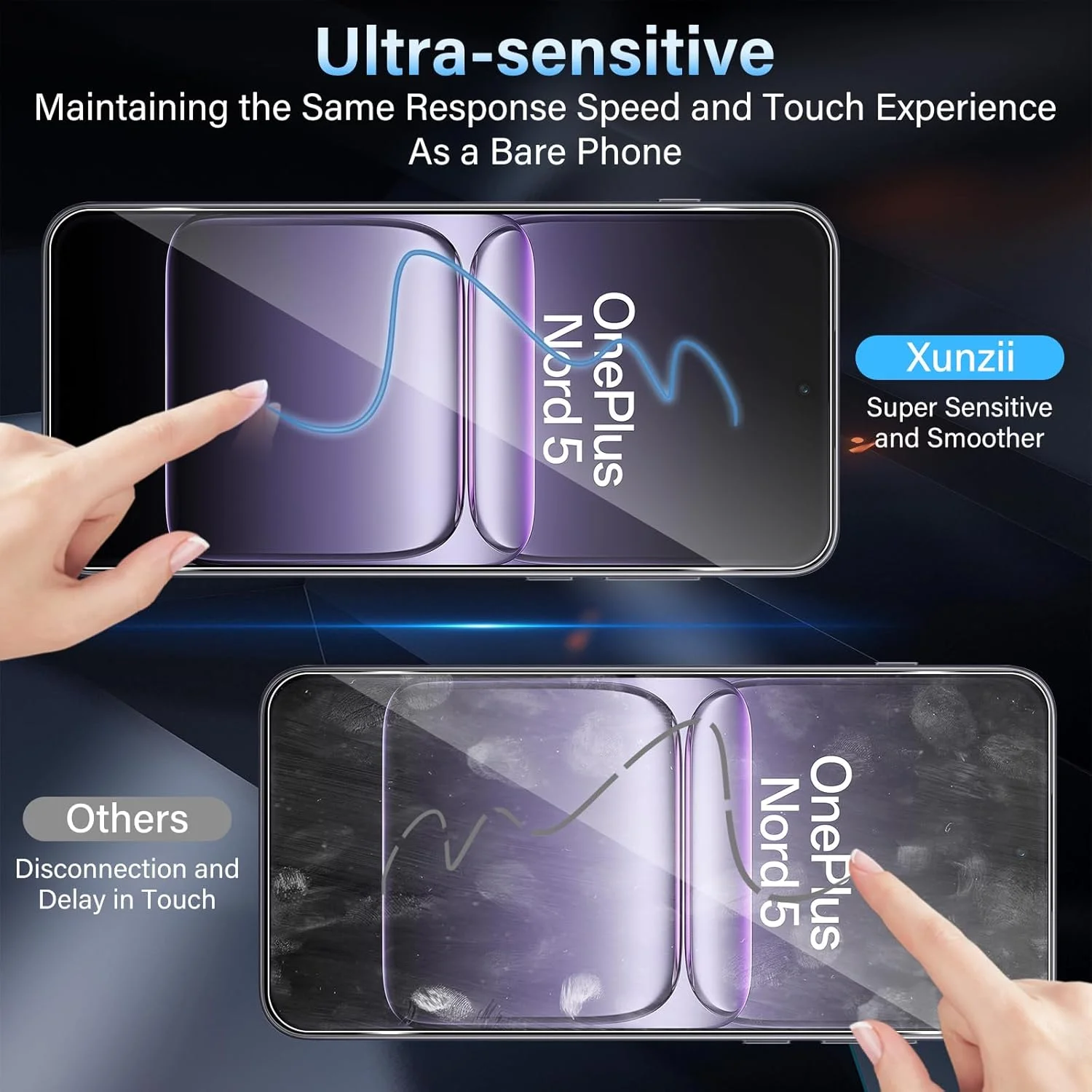 محافظ صفحه نمایش Xunzii برای OnePlus Nord 5، شیشه حرارت دیده با محافظ دوربین [3 + 3 عدد]، فیلم شیشه ای محافظ فوق العاده شفاف 0.33 میلی متر، محافظ صفحه نمایش با سختی 9H، ضد خش