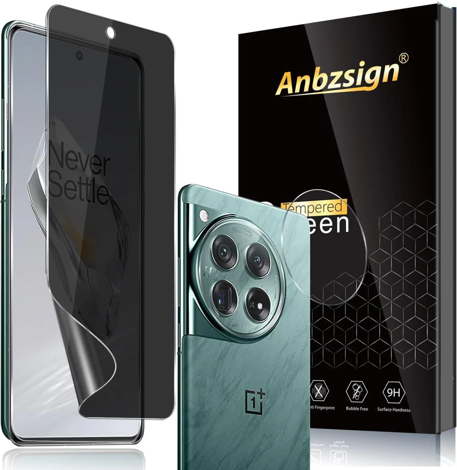 محافظ صفحه نمایش حریم خصوصی و محافظ لنز دوربین Anbzsign برای OnePlus 12 5G، محافظ صفحه نمایش حریم خصوصی انعطاف پذیر ضد جاسوسی، سختی 9H ضد خش بدون حباب