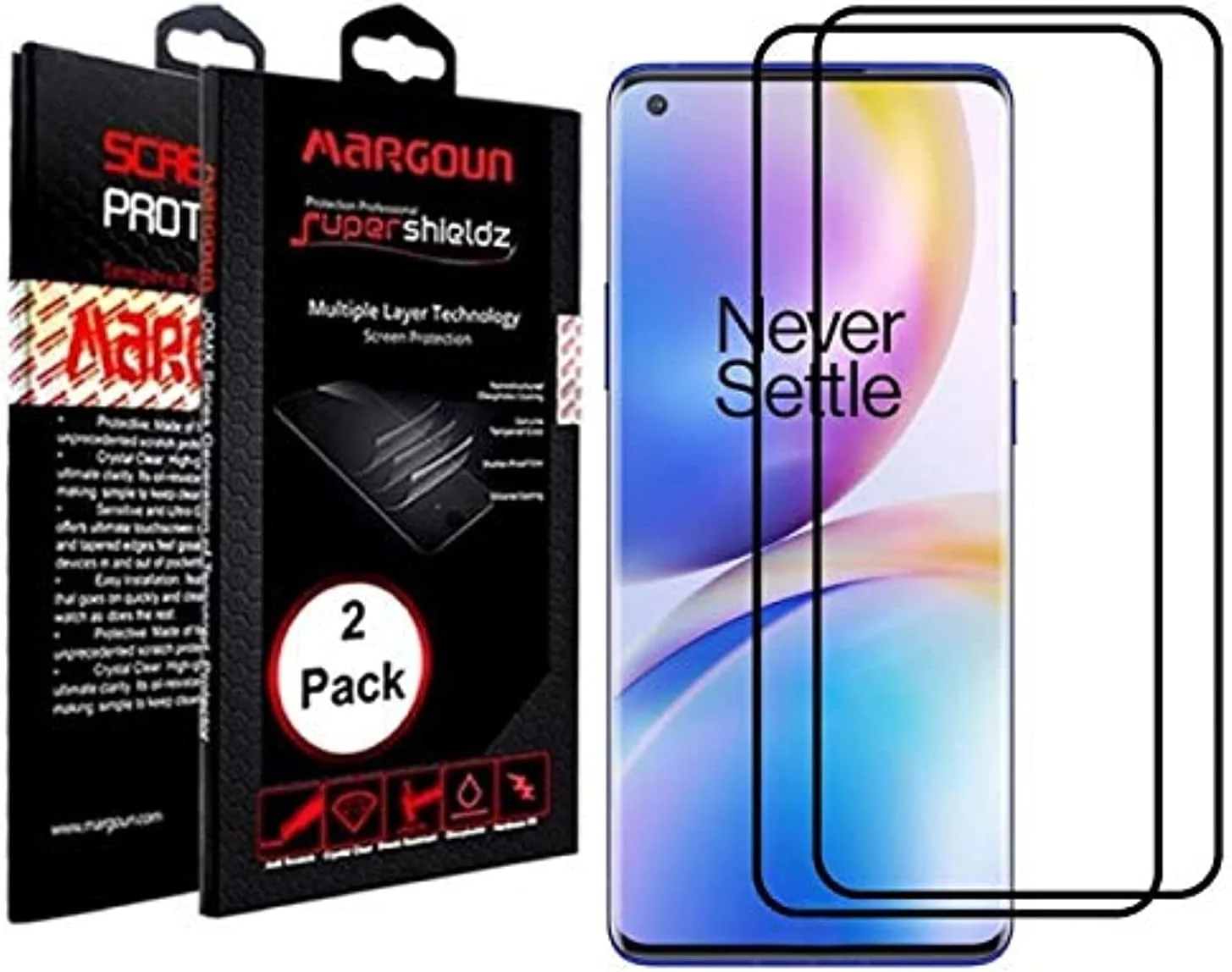 MARGOUN 2 Pack for Oneplus 8 Screen Protector 3D Tempered Glass 6.55 inch Full Coverage 9H Hardness Scratch Resistant Side Glue