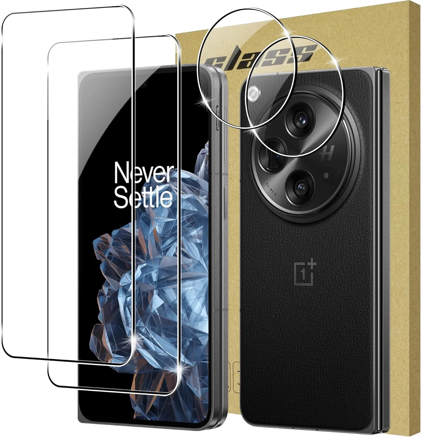 محافظ صفحه نمایش شیشه ای حرارت دیده Gruattreay [بسته 2+2 عددی] سازگار با OnePlus Open/Oppo Find N3، محافظ لنز دوربین و محافظ صفحه نمایش HD