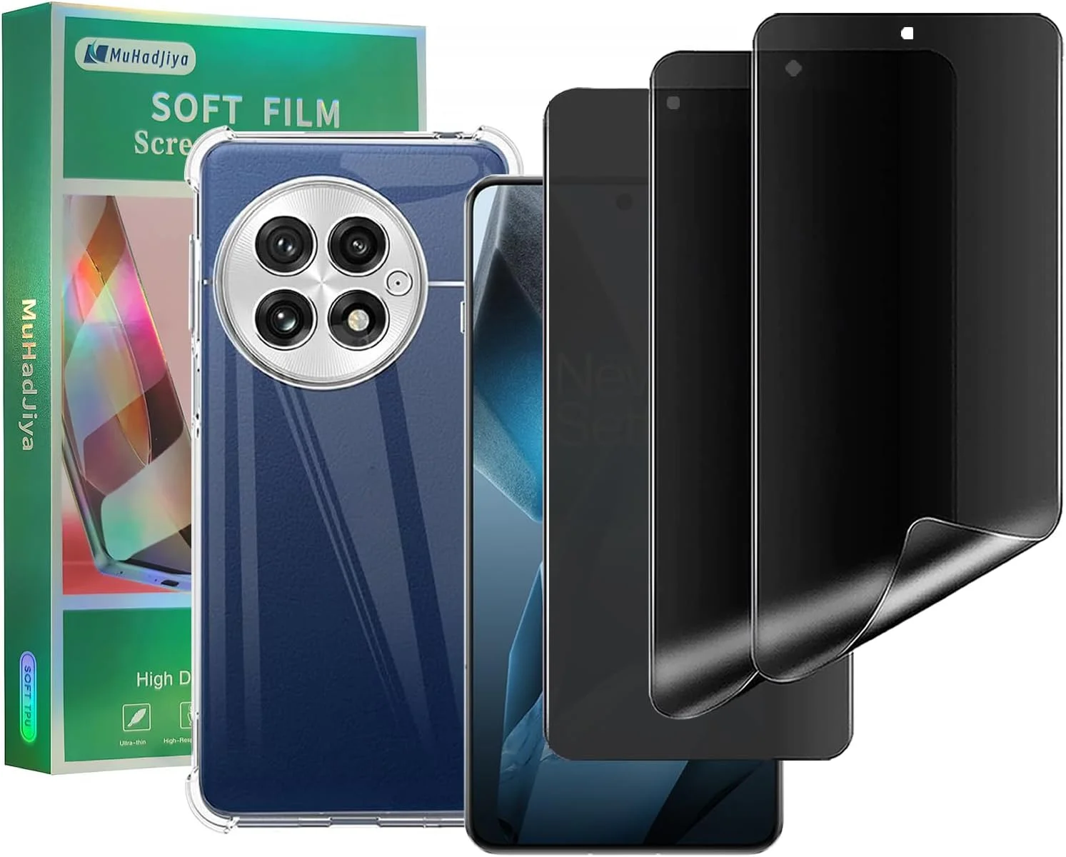 محافظ صفحه نمایش حریم خصوصی نرم MuHadJiya برای Oneplus 13 [بسته 4 عددی شامل 3 محافظ صفحه و 1 قاب گوشی TPU شفاف]، فیلم TPU انعطاف پذیر ضد جاسوسی جایگزین به همراه قاب کریستالی برای Oneplus 13