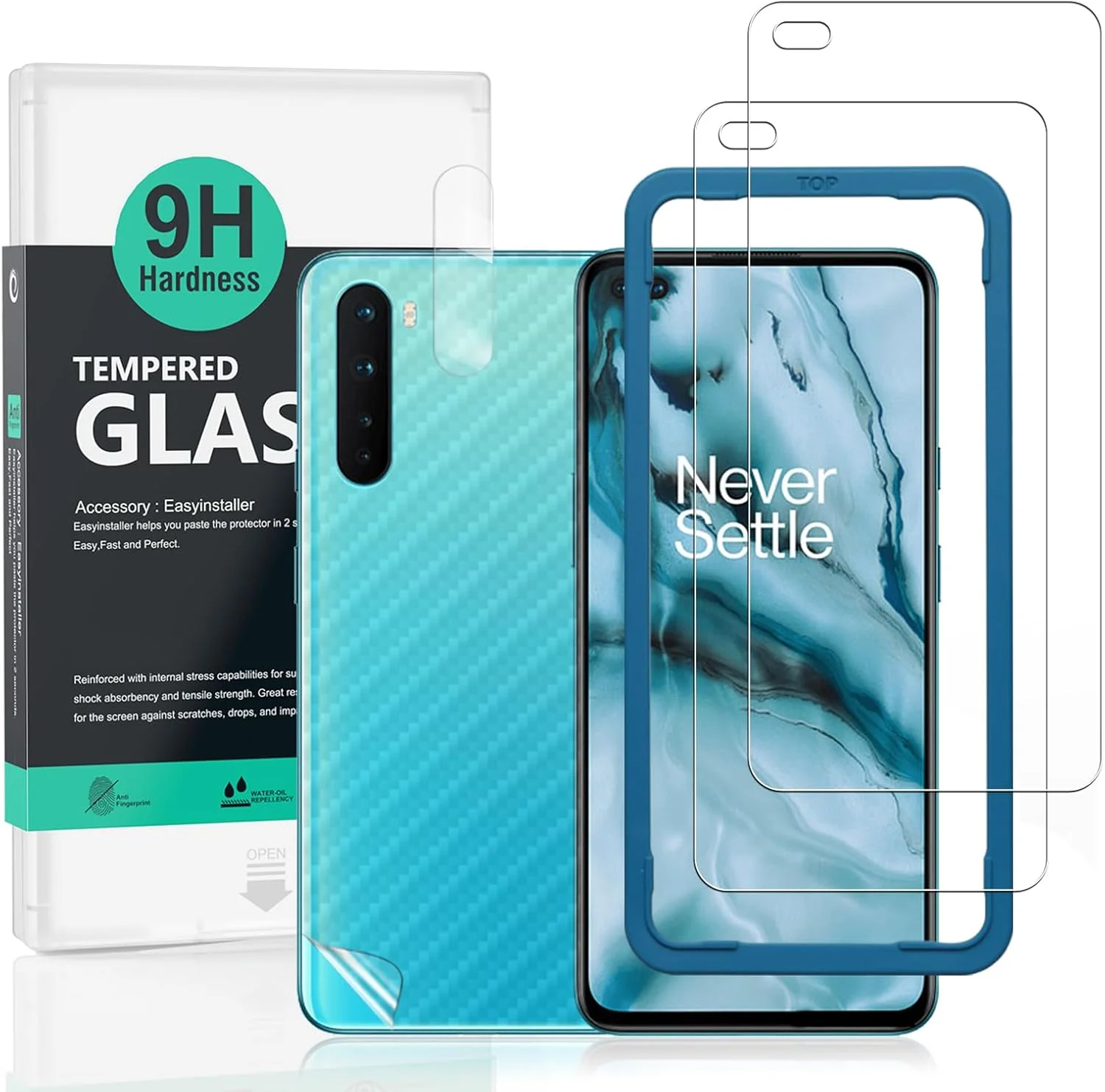 محافظ صفحه نمایش IBYWIND برای OnePlus Nord، بسته 2 عددی شیشه حرارت دیده با سختی 9H، همراه با 1 عدد محافظ لنز دوربین، 1 عدد فیلم فیبر کربن پشت، نصب آسان