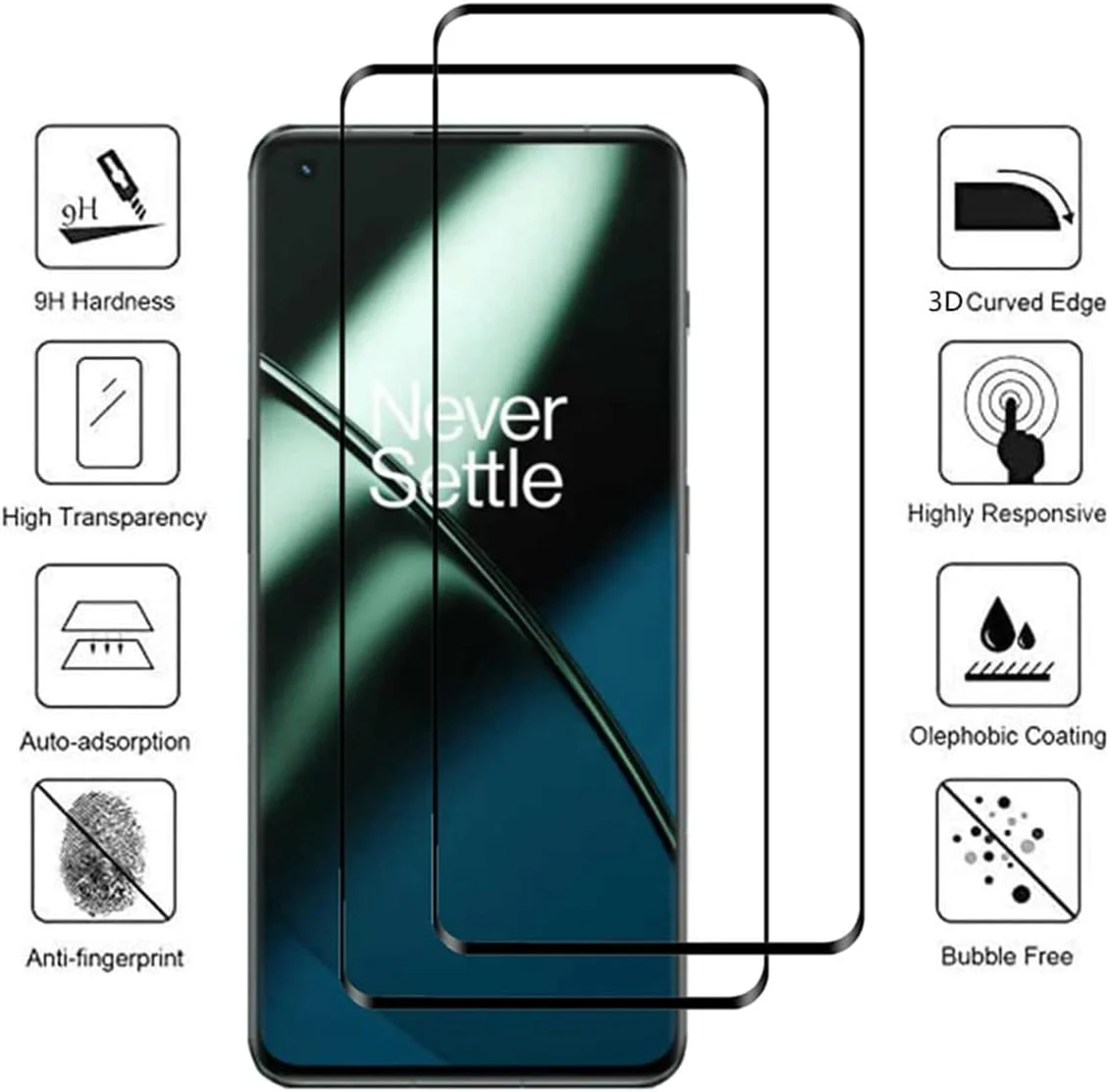 محافظ صفحه نمایش خمیده سه بعدی VIESUP [بسته 2 عددی] برای OnePlus 11، شیشه حرارت دیده با سختی 9H، پوشش کامل صفحه نمایش بدون حباب، لبه های خمیده سه بعدی برای محافظ صفحه نمایش شفاف HD OnePlus 11 6.7 اینچی