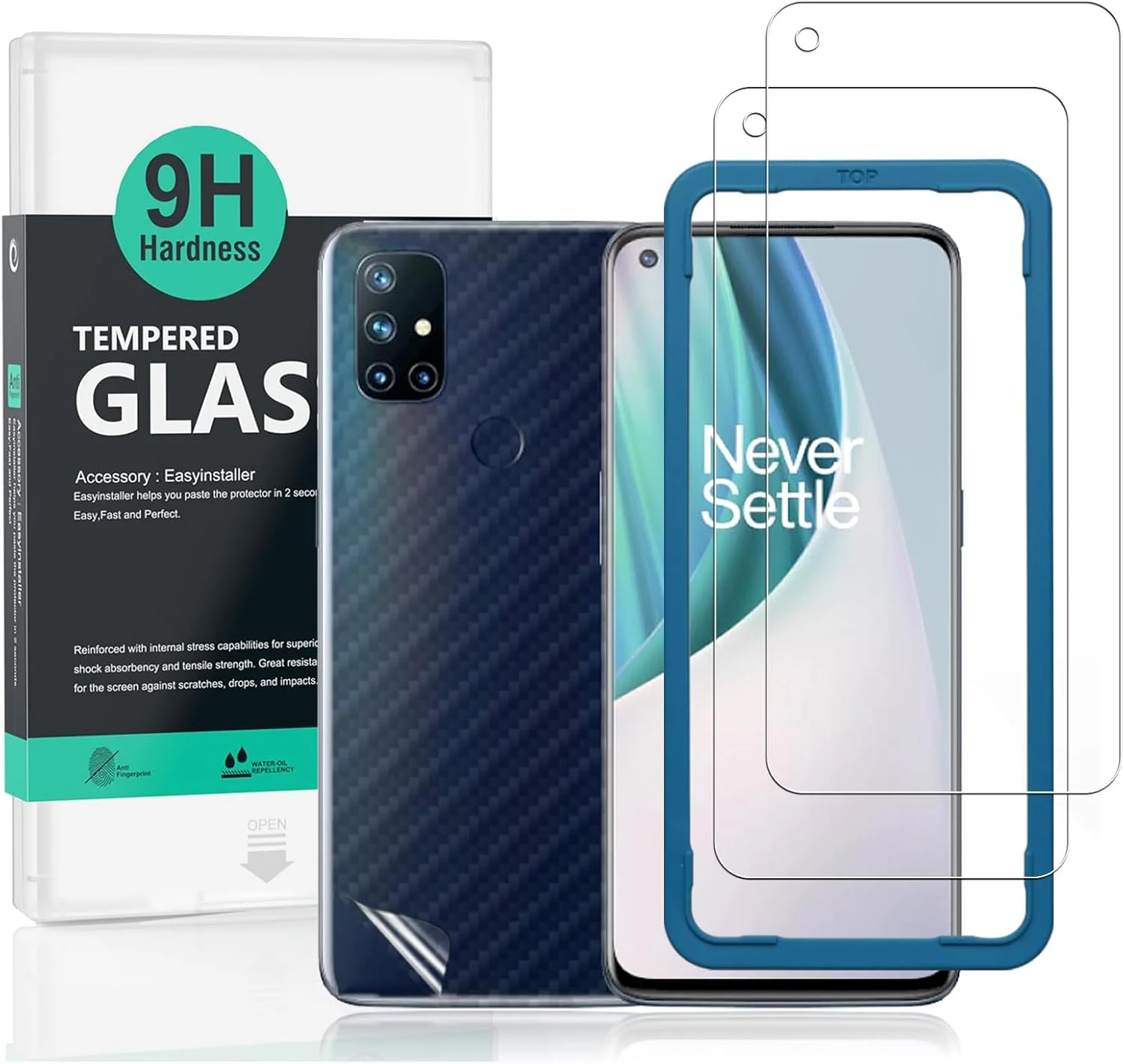 محافظ صفحه نمایش Ibywind برای OnePlus Nord N10 5G، شیشه حرارت دیده 9H ممتاز، به همراه محافظ فیبر کربنی پشتی، نصب آسان، بدون حباب